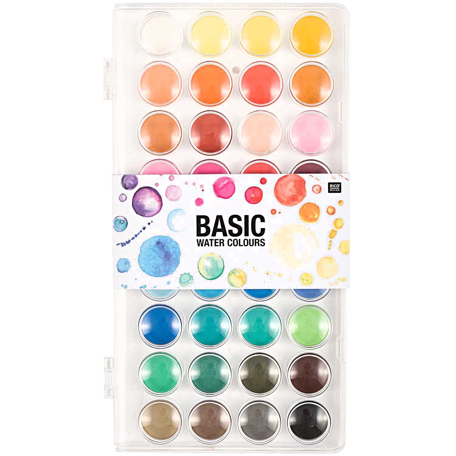 Rico Design Aquarellfarbe Basic Watercolours 36 Wasserfarben, Farbkasten, inkl. Pinsel und Malpalette