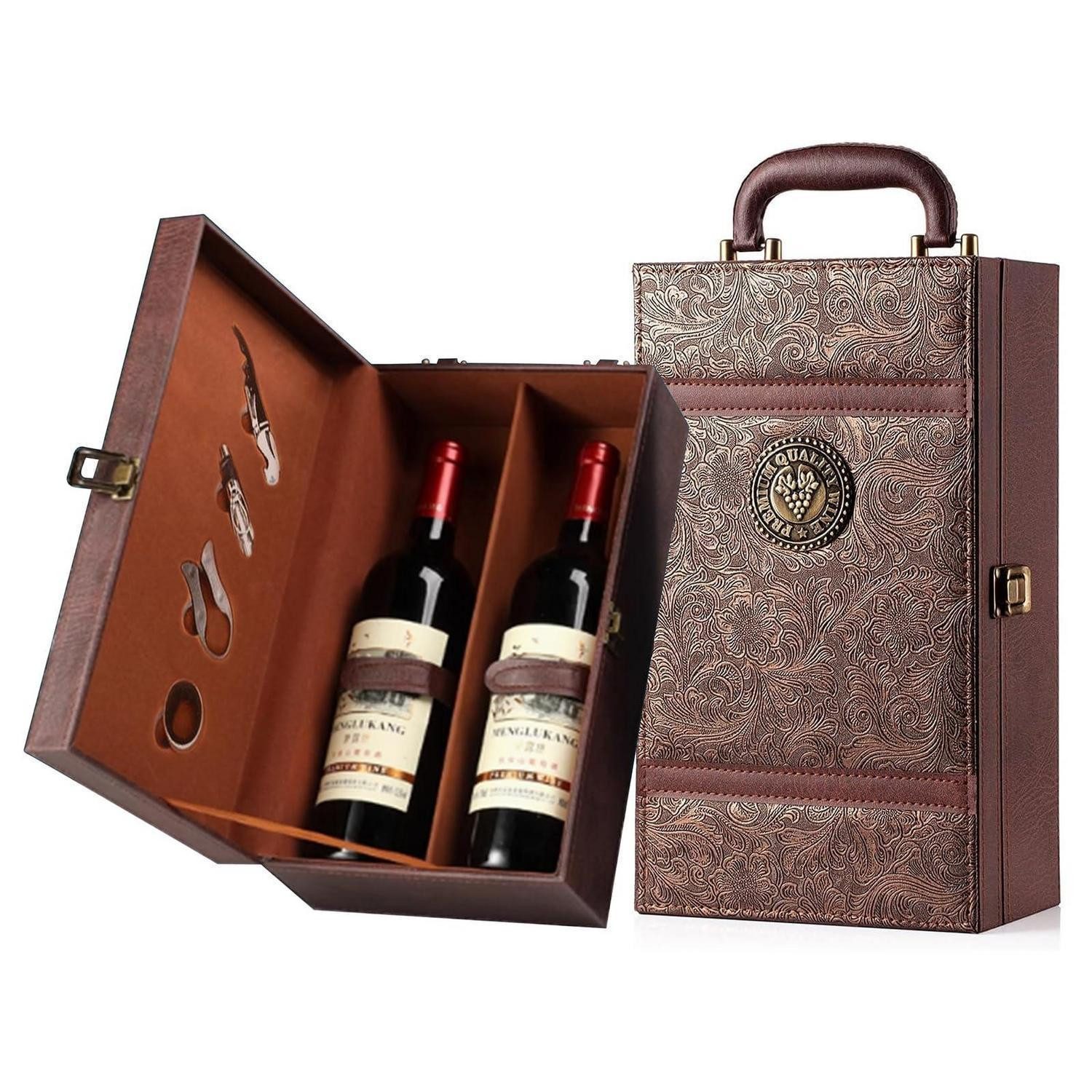 LuxusKollektion Weinkiste Weinkoffer Set 2 Flaschen PU Retro-Design