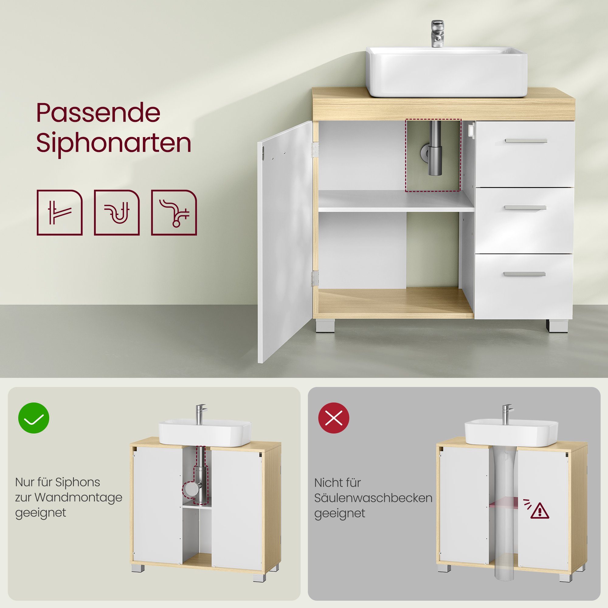 VASAGLE Waschbeckenunterschrank 3 Schubladen, mit 70 cm x 30 wolkenweiß-naturbeige Füßen, 64 x