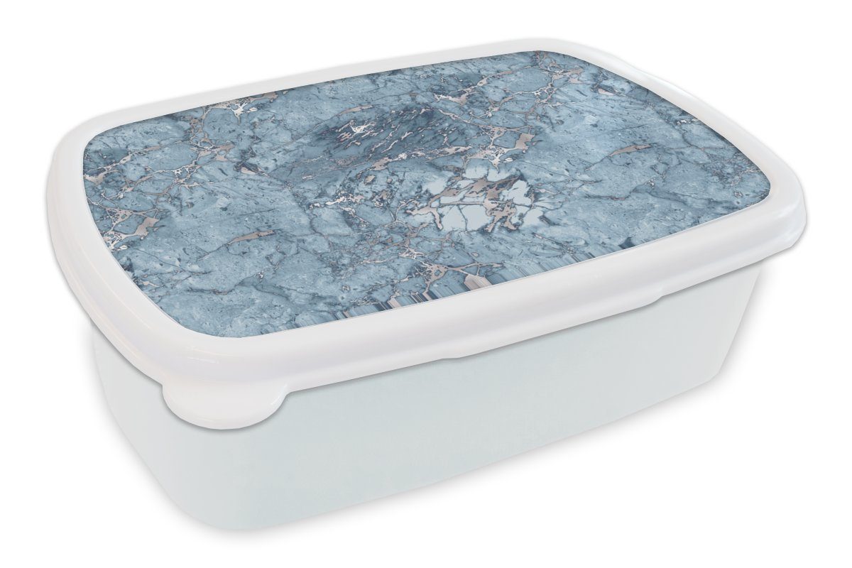 MuchoWow Lunchbox Blau - Silber - Marmor - Muster, Kunststoff, (2-tlg), Brotbox für Kinder und Erwachsene, Brotdose, für Jungs und Mädchen weiß