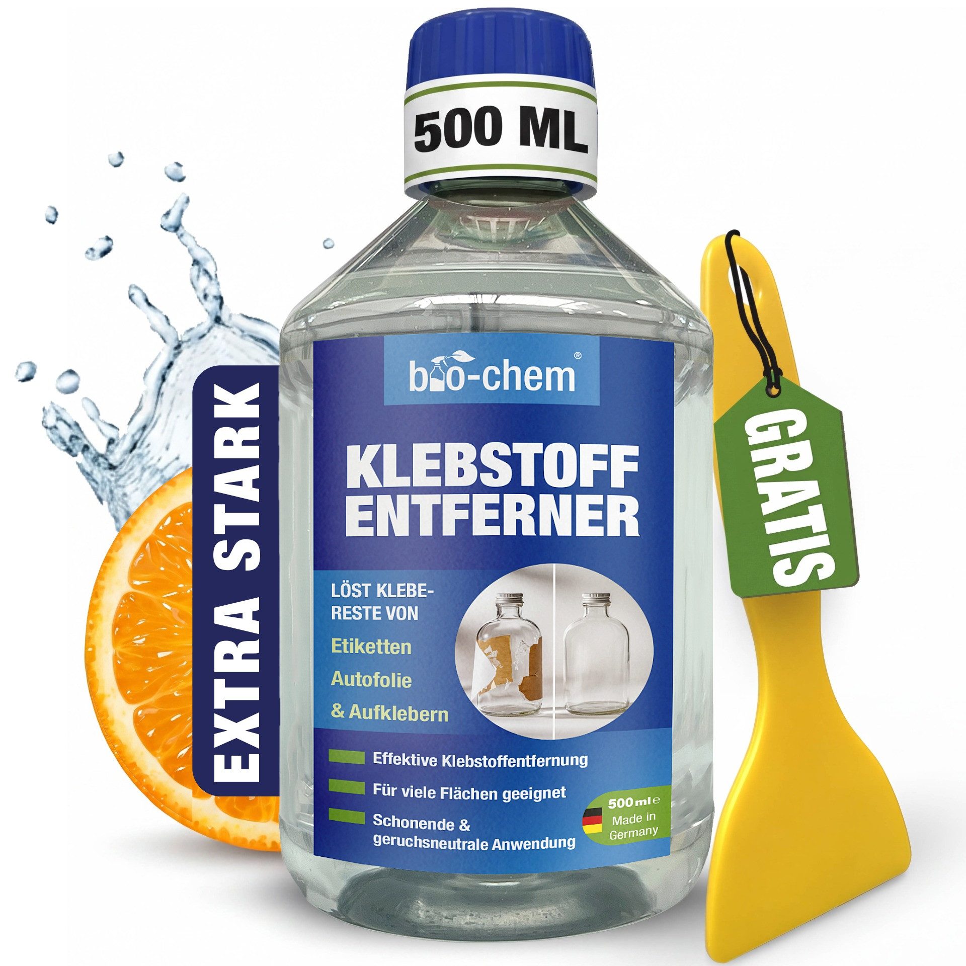 bio-chem Klebstoffentferner Etikettenlöser Klebereste einfach entfernen 500 ML Allzweckreiniger (Einzelprodukt, [- Klebstoffentferner 0.5 l + Handschaber gelb Mit Schaber für mühelose Etikettenentfernung)
