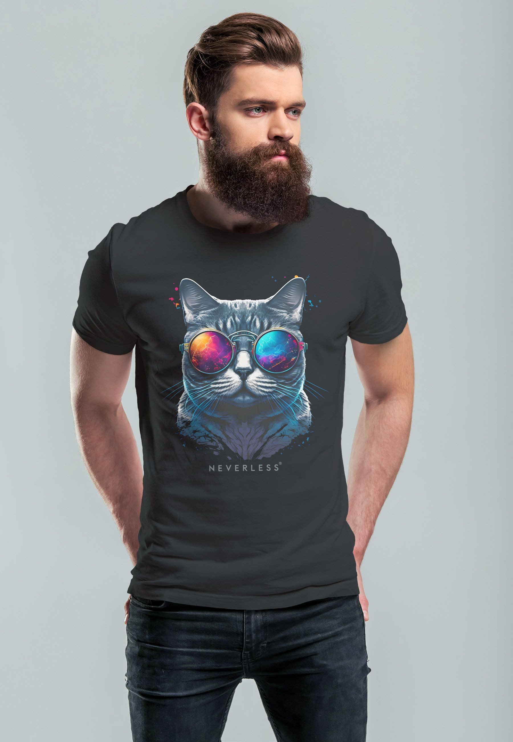 Neverless Print-Shirt Herren T-Shirt Aufdruck Katze günstig online kaufen