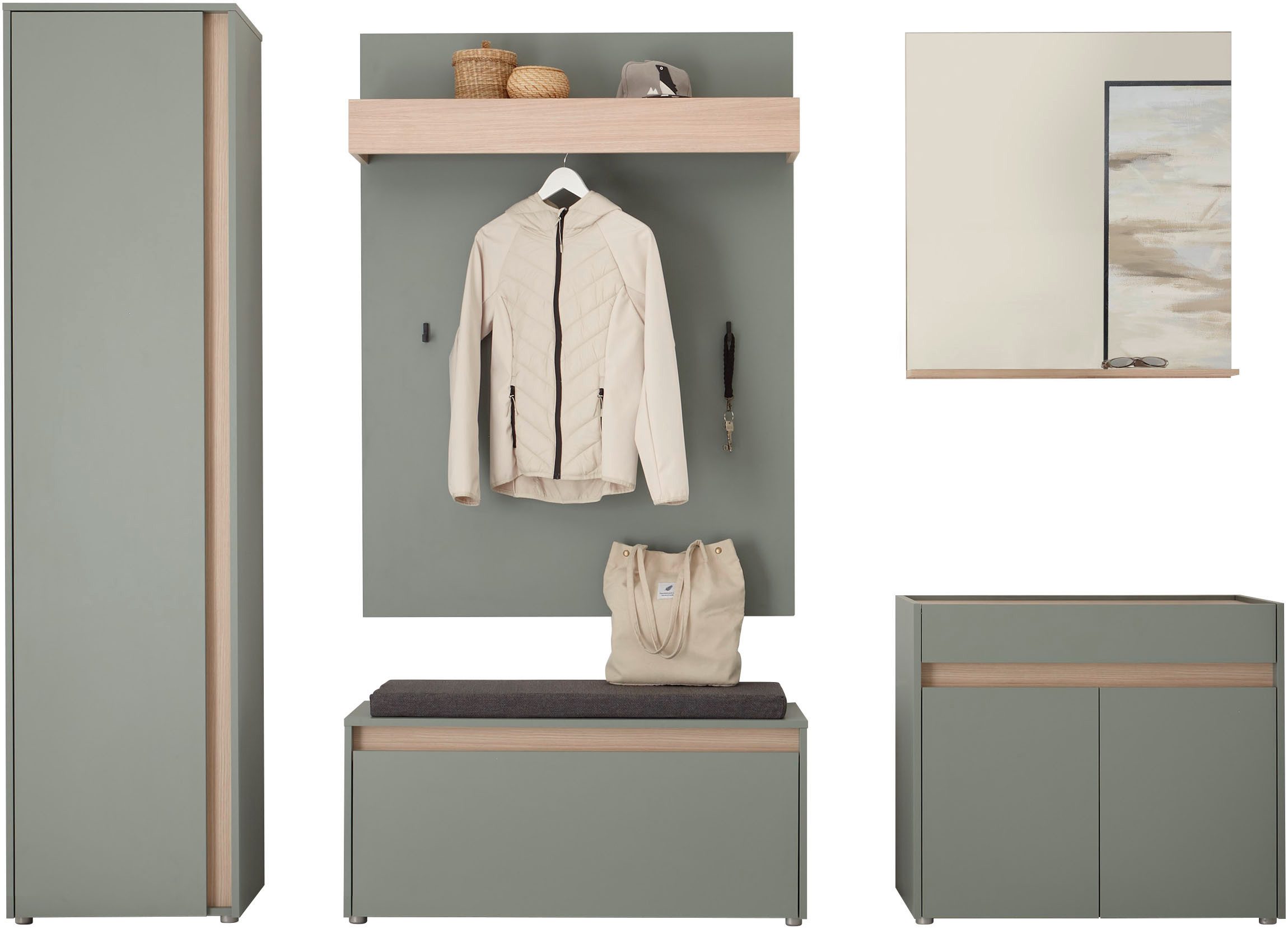 Home affaire Garderoben-Set GIRON/CiTY, moderne Garderobe, Komplettset mit viel Stauraum, (Komplett-Set, 5-St), enthält Schrank, Kommode, Spiegel, Paneel & Schuhbank +Sitzkissen