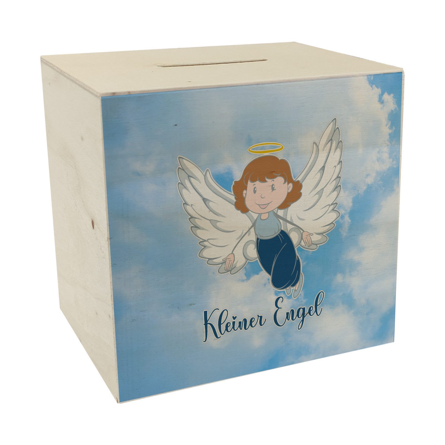 Spardose Kleiner Engel Spardose aus Holz mit Wolkenhimmel und niedlichem