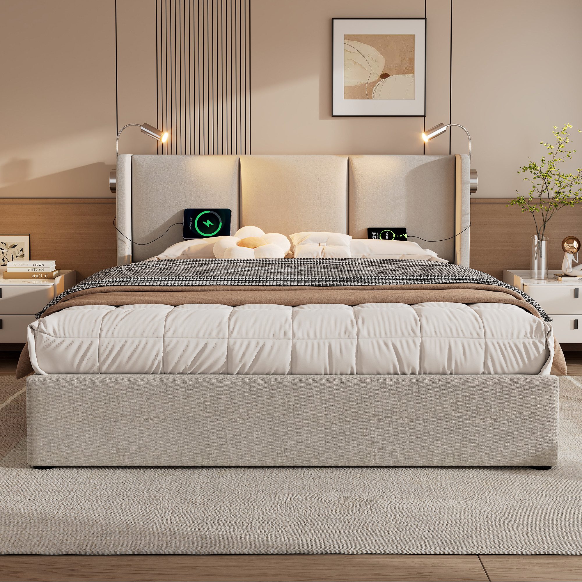 TavilaEcon Polsterbett Doppelbett mit Ladefunktion Kopfteil und Lattenrost (1-tlg), ohne Matratze, 180x200cm, beige – Bild 2 von 5