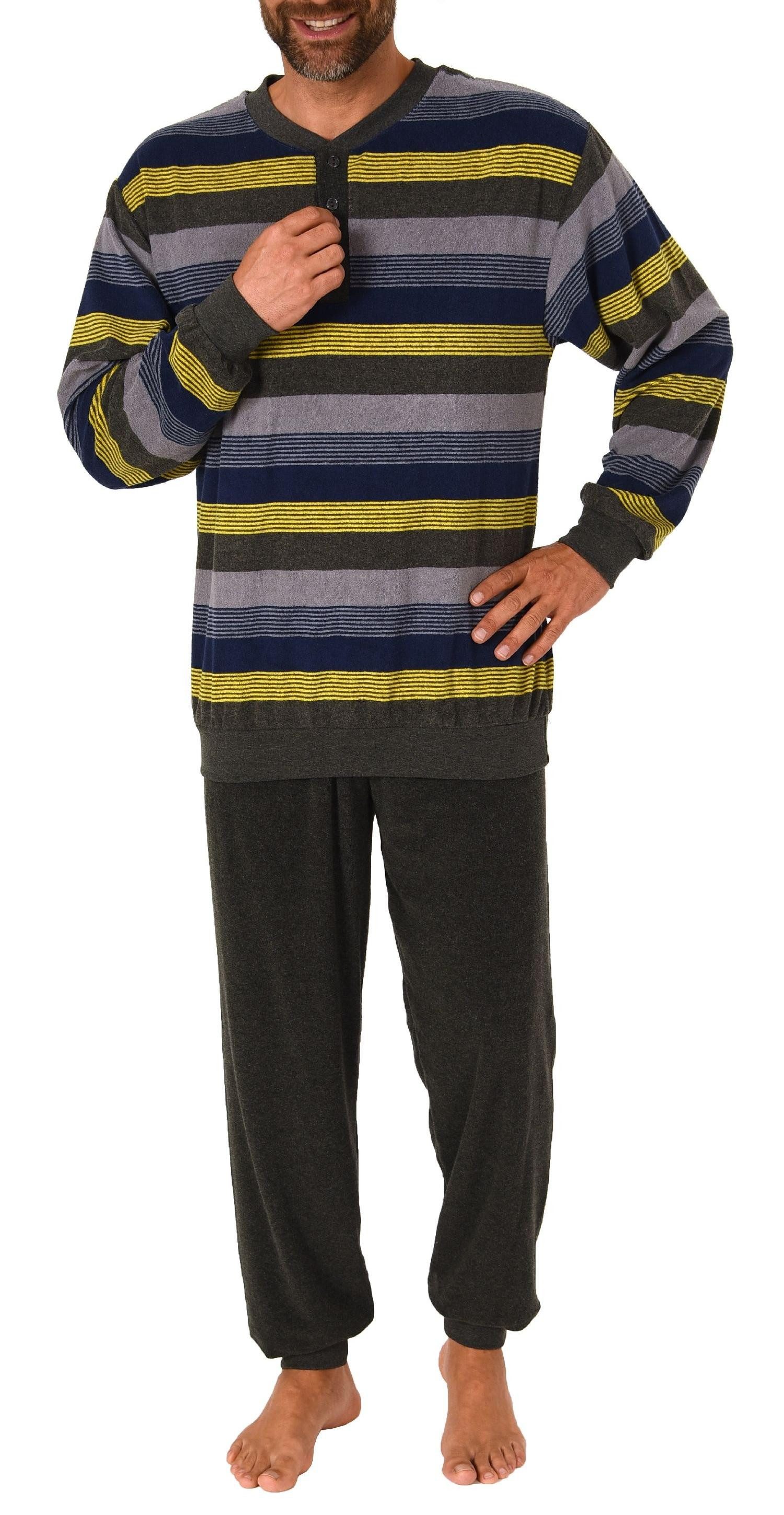 Normann Pyjama Herren Frottee Pyjama mit Knopfleiste, Schlafanzug in Streifen-Optik – Bild 2 von 4