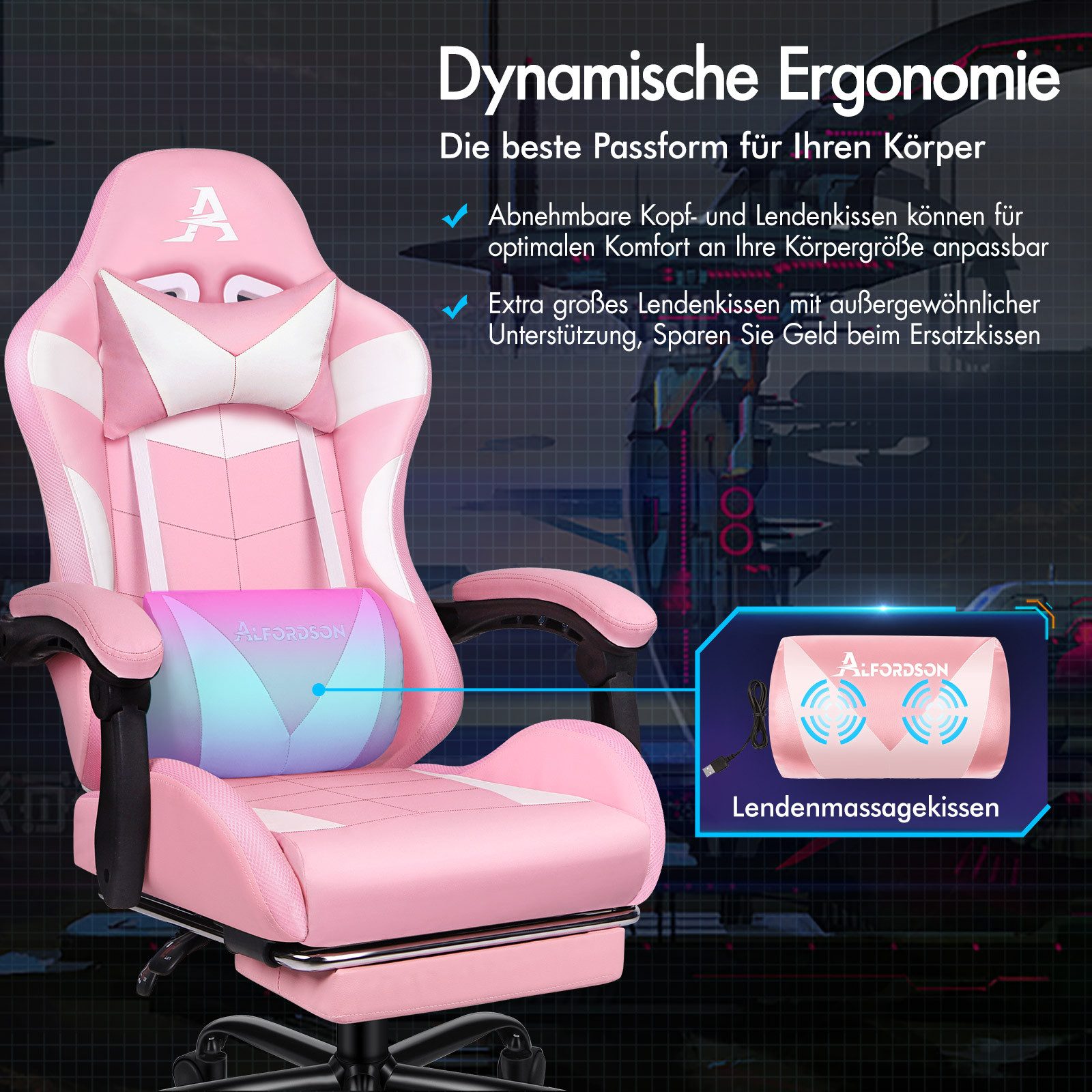 ALFORDSON Gaming-Stuhl Massagestuhl mit LED, ergonomischer Schreibtischstuhl mit 150° Neigung, Einziehbarer Fußstütze, PU-Leder, Höhenverstellbar, 180 kg Tragkraft