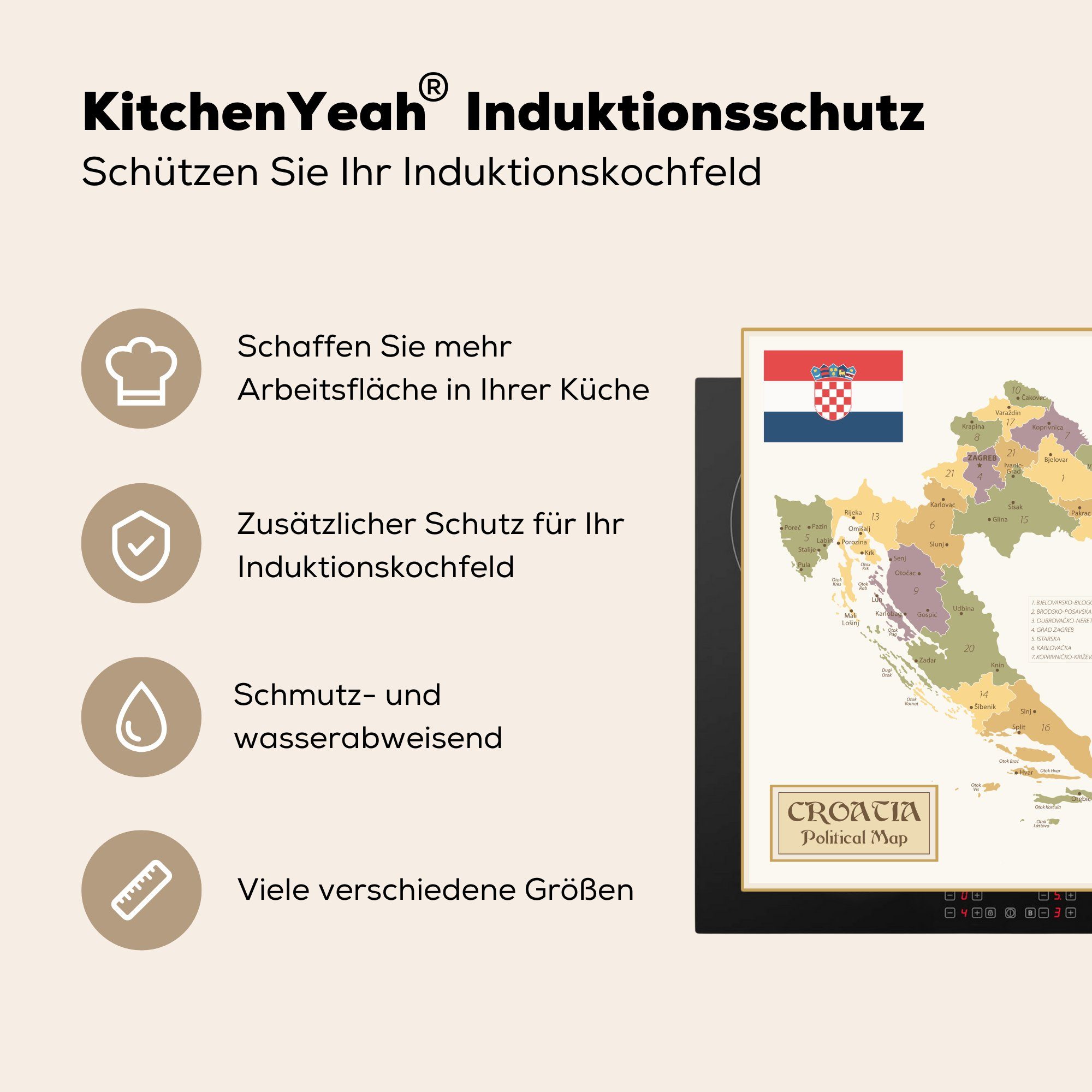 MuchoWow Herdblende-/Abdeckplatte Politische Karte von Arbeitsplatte küche cm, Ceranfeldabdeckung, für Vinyl, 78x78 tlg), (1 Kroatien