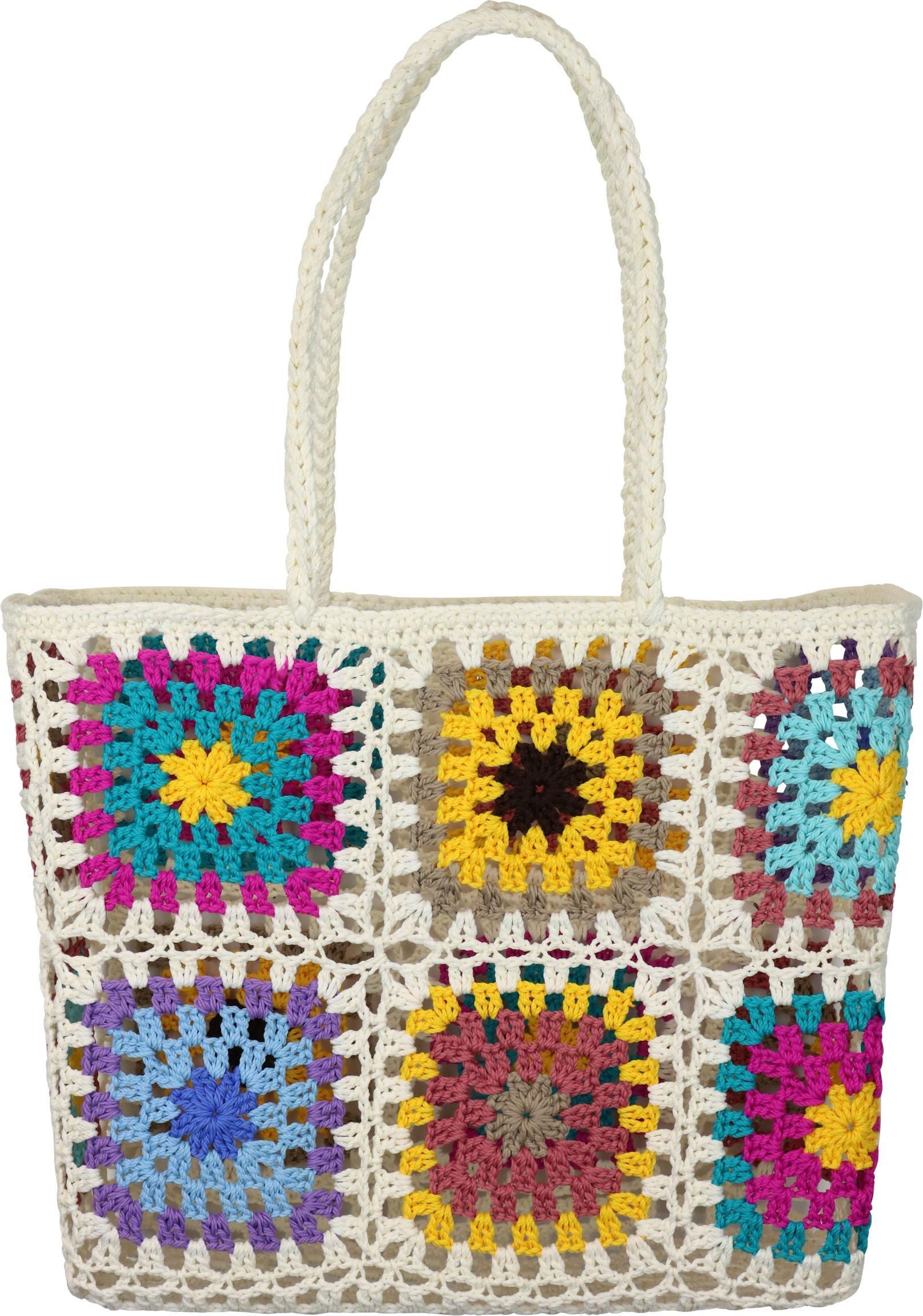 FURNARO Tragetasche, gehäkelte Tasche in weiß mit Blumen aus Baumwolle ca. 40cm