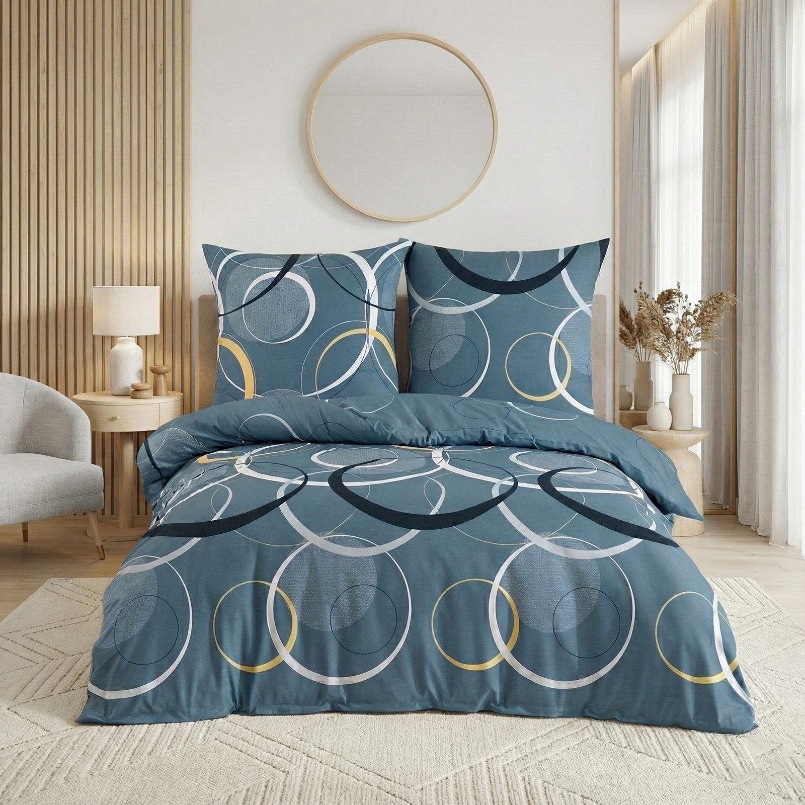 Buymax Bettwäsche Wave, Bettgarnitur, Bettbezug Set, Renforcé: 100% Baumwolle, 2 teilig, mit Reißverschluss, gemustert, Kreise, Blau, Petrol, 135x200 cm