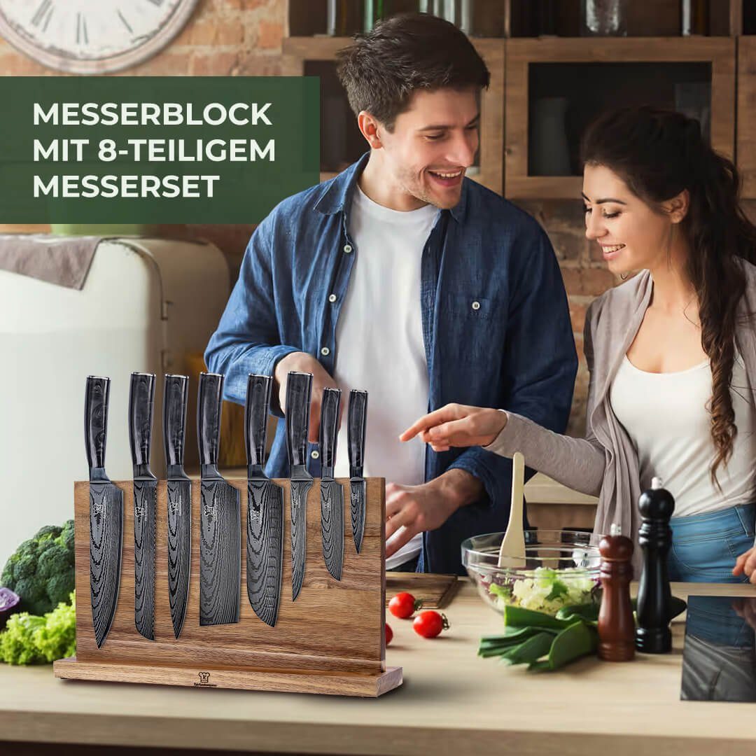Küchenkompane Messer-Set Kuro Burokku (9-teilig) mit Magnetboard aus Akazienholz (2-tlg)