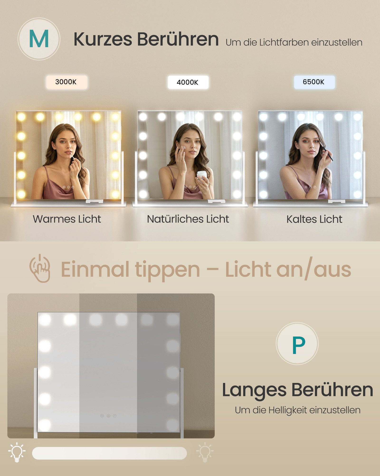 SONGMICS Schminkspiegel mit Beleuchtung, Kosmetikspiegel Touch-Steuerung, dimmbar, Handyhalter, mit 14 LED-Glühbirnen, mit USB-A und USB-C, 50 x 42 cm