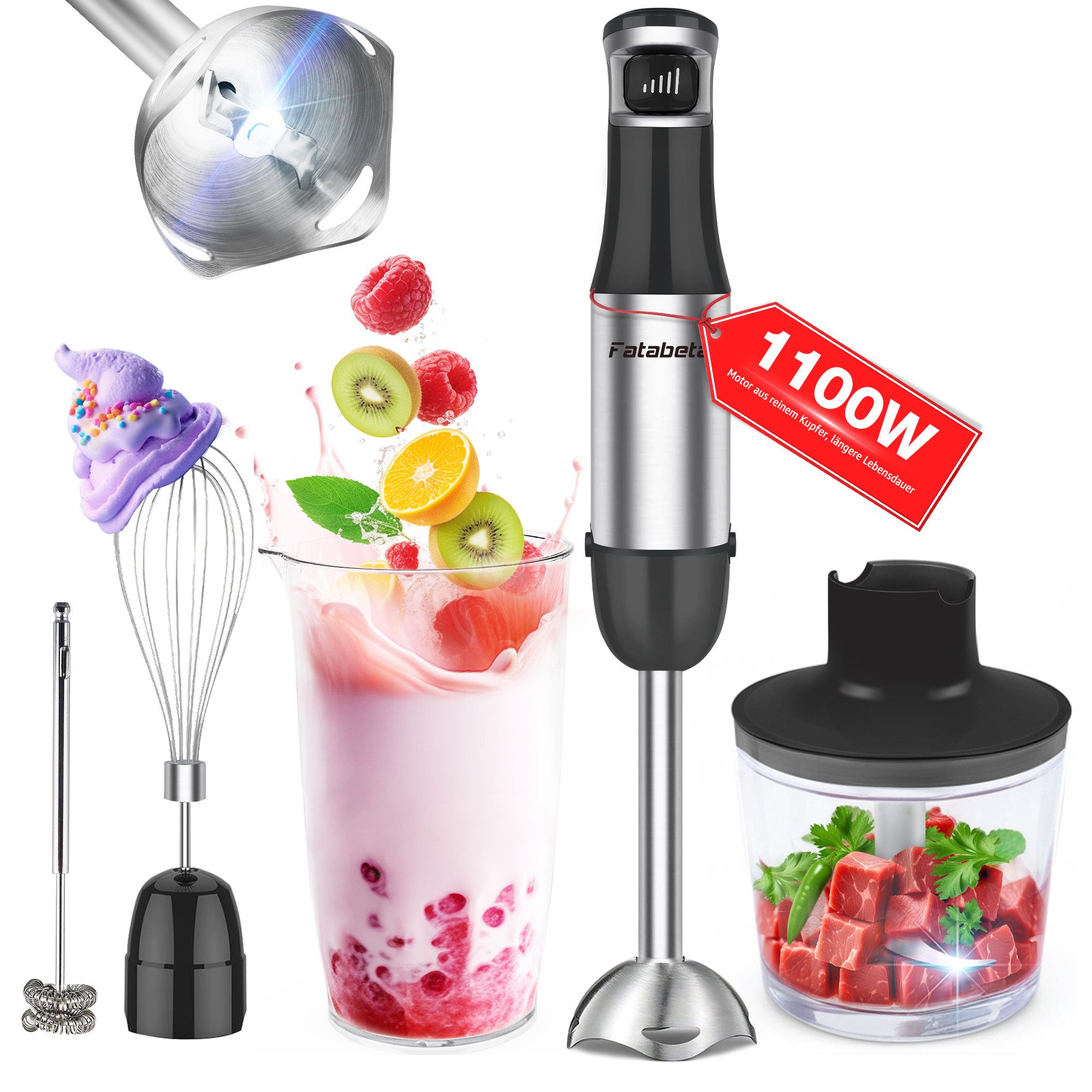 7MAGIC Stabmixer Elektrischer Stabmixer Set 5 in 1 Pürierstab Edelstahl Handmixer, 1100 W, Stabmixer Variable Geschwindigkeiten für Babynahrung, Suppe, Smoothie