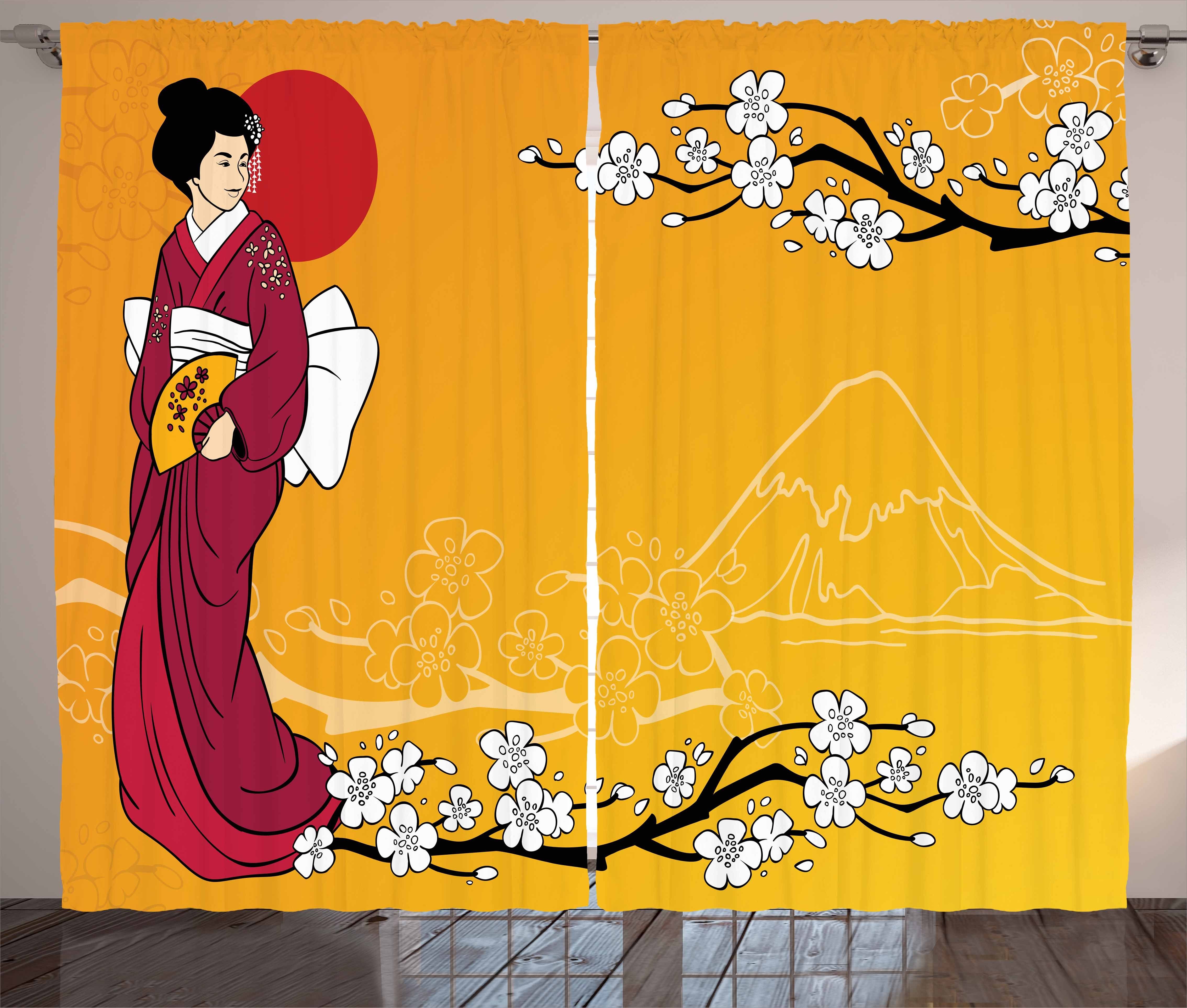 Gardine Schlafzimmer Kräuselband Vorhang mit Schlaufen und Haken, Abakuhaus, Kirschblüte Geisha Lady