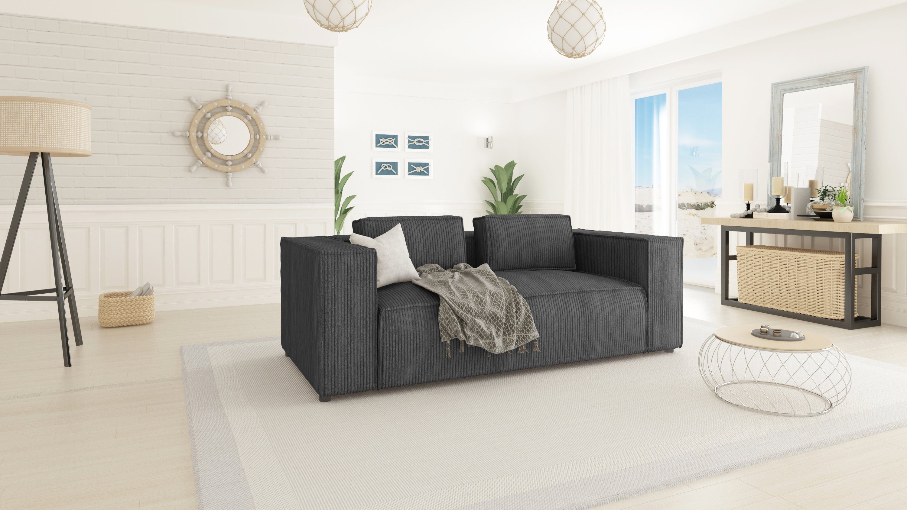S-Style Möbel 2-Sitzer Cord Sofa Renne, 1 Teile, mit Wellenfederung Grau