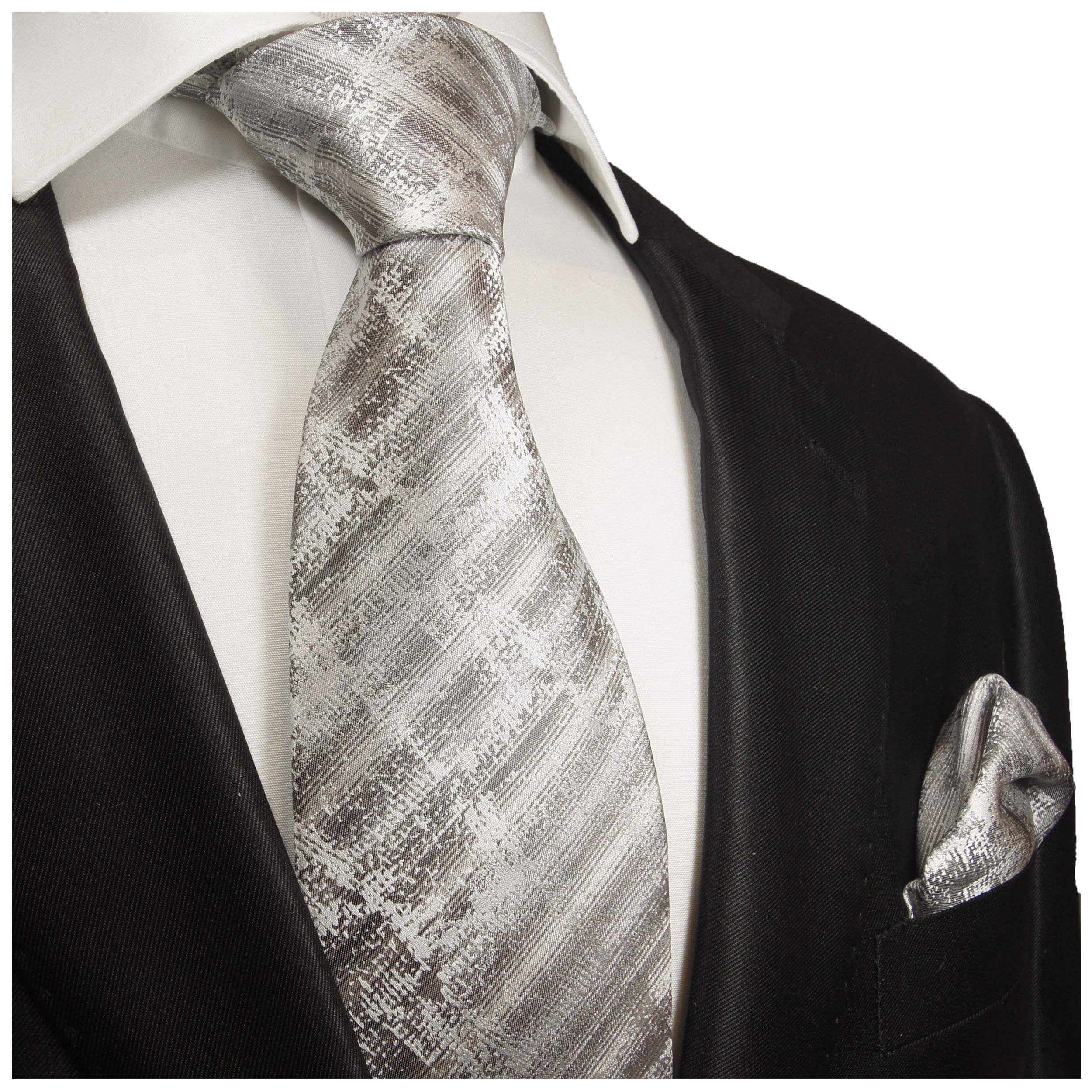 Paul Malone Krawatte Moderne Herren Seidenkrawatte mit Tuch gestreift 100% Seide (Set, 2-St., Krawatte mit Einstecktuch) Schmal (6cm), grau weiß 2017