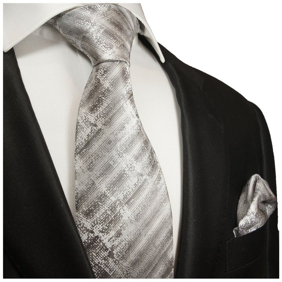 Paul Malone Krawatte Moderne Herren Seidenkrawatte mit Tuch gestreift 100%  Seide (Set, 2-St., Krawatte mit Einstecktuch) Breit (8cm), grau weiß 2017