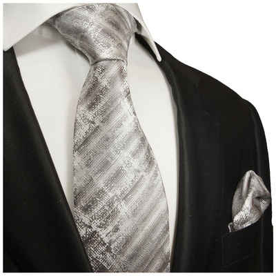 Paul Malone Krawatte »Moderne Herren Seidenkrawatte mit Tuch gestreift 100% Seide« (Set, 2-St., Krawatte mit Einstecktuch) Schmal (6cm), grau weiß 2017