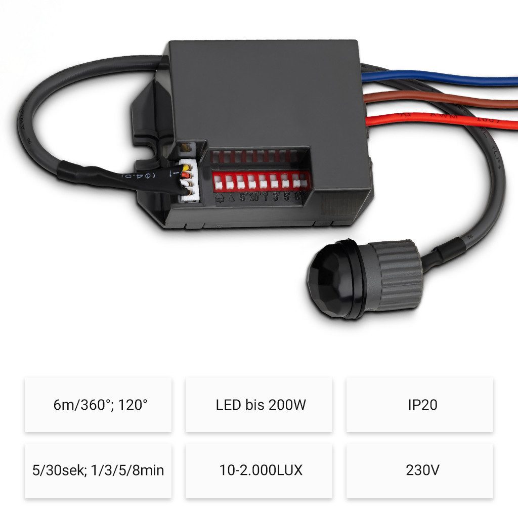 SEBSON Bewegungsmelder Mini Einbau Infrarot Sensor - Programmierbar, Reichweite 6m / 360°, (1-St), LED geeignet 200W, 3 Draht, Schalter 56x37x26mm, Sensor Ø18x25mm