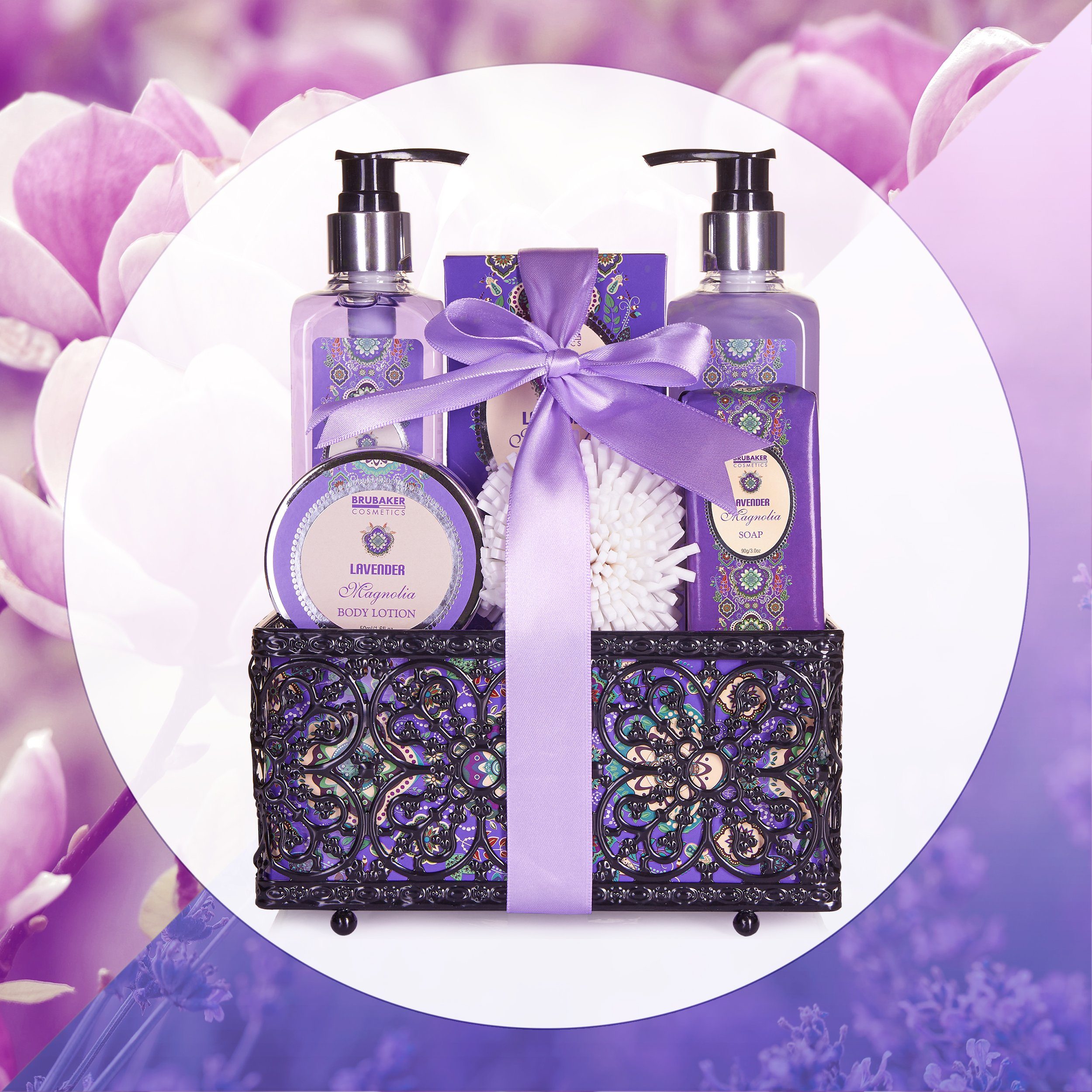 dekorativem Lavendel Pflegeset für Korb Frauen, Wellness BRUBAKER 7-tlg., Hautreinigungs-Set Geschenkset in Premium Magnolien Dusch- und Duft mit Badeset,