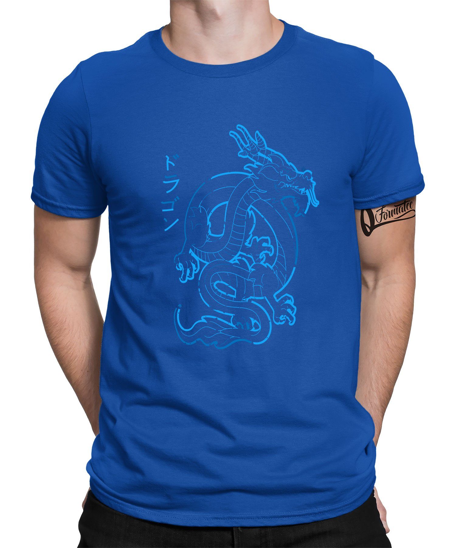 Quattro Formatee Kurzarmshirt Dragon Drache mit Japanischen Schriftzeichen Kanji Blau - Ästhetik (1-tlg)