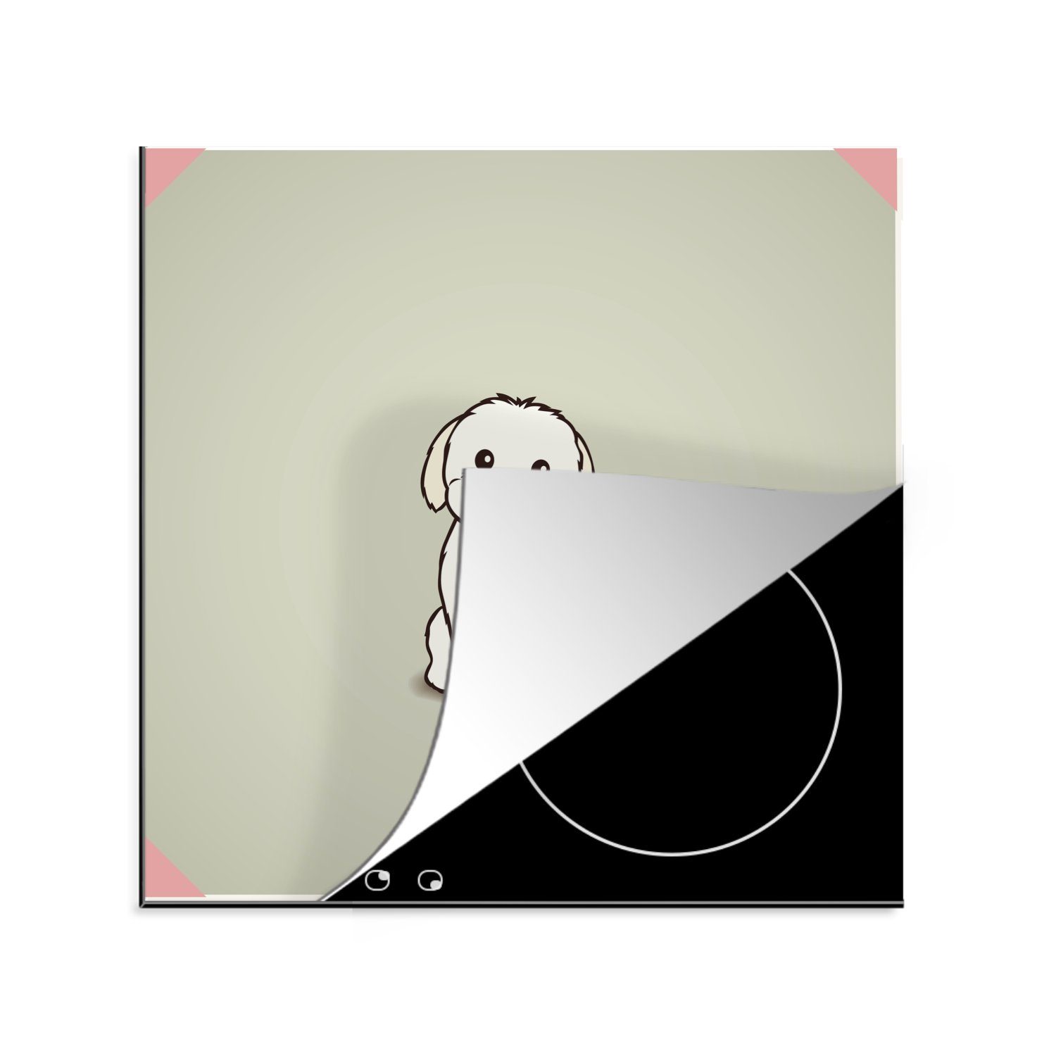 MuchoWow Herdblende-/Abdeckplatte Eine Illustration eines weißen Welpen, Vinyl, (1 tlg), 78x78 cm, Ceranfeldabdeckung, Arbeitsplatte für küche
