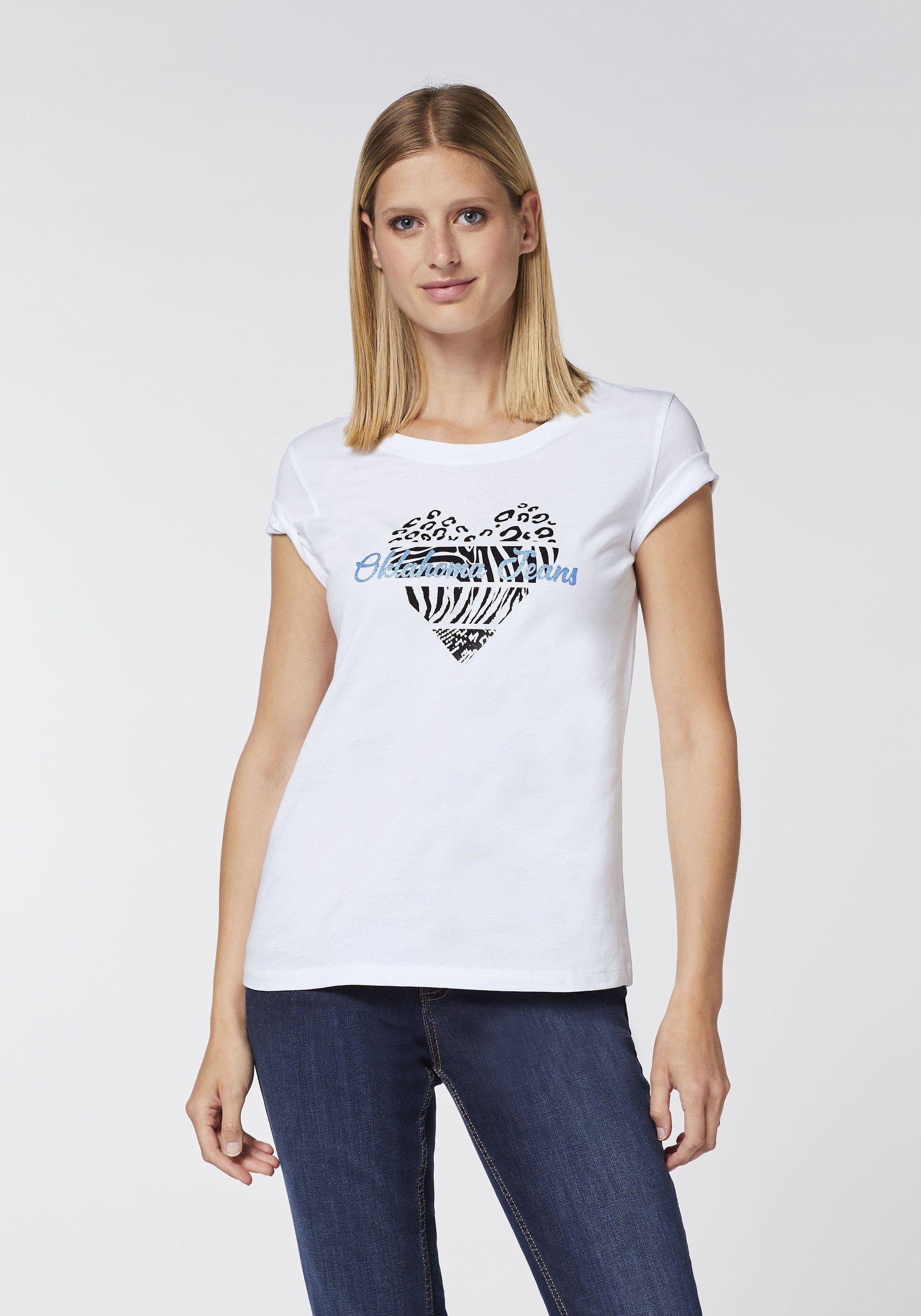 Bright und Oklahoma Logo-Schriftzug Herz-Motiv Jeans White 11-0601 Print-Shirt mit