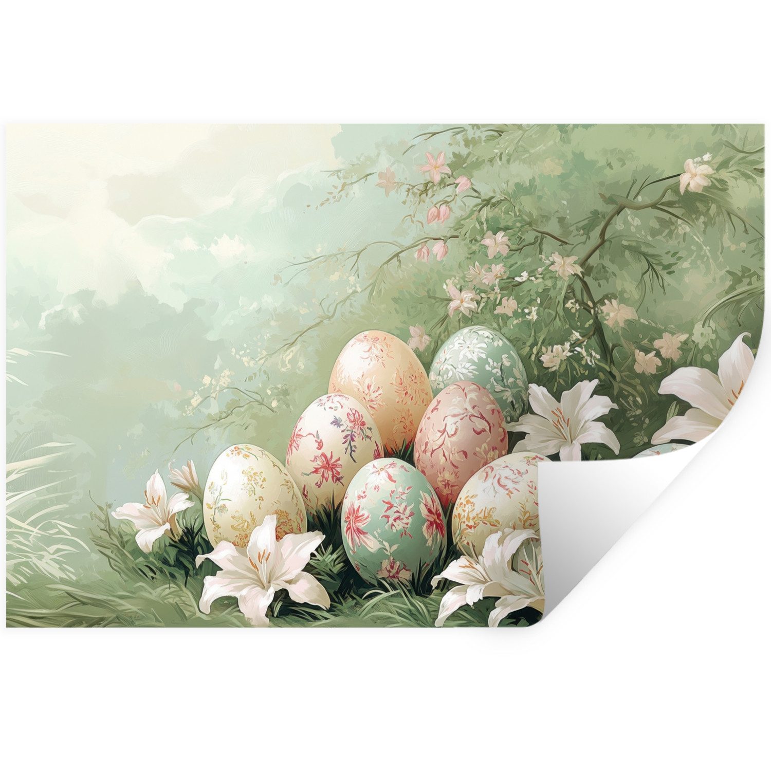MuchoWow Wandsticker Ostereier - Pastelltöne - Blumen (1 St), Wanddeko, Aufkleber, Wandtattoo, 120x80 cm