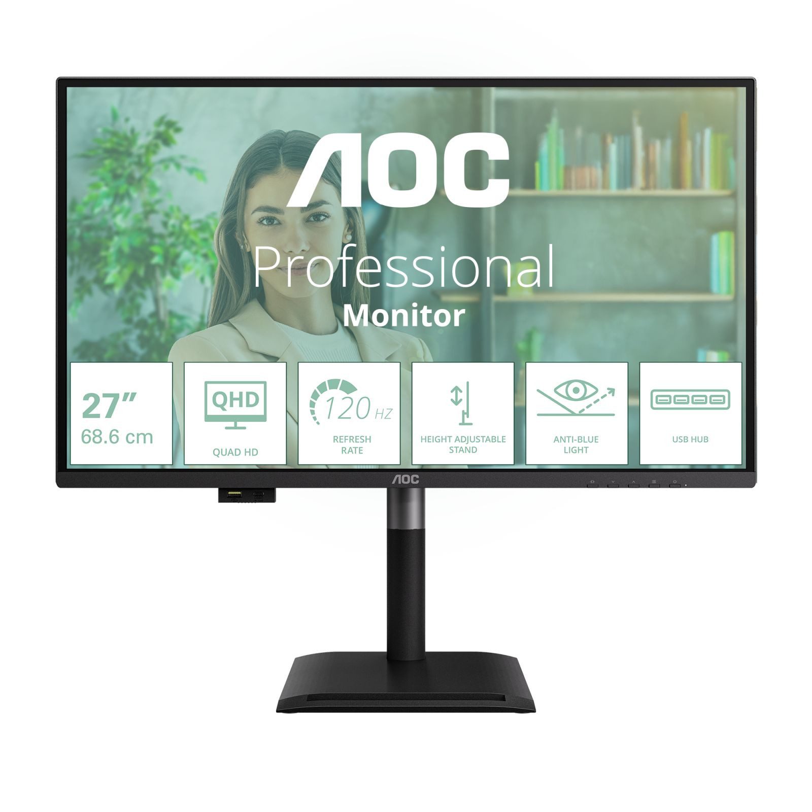 AOC 68,6cm (27) Q27P4U 16:09 2xHDMI+DP+USB Lift black TFT-Monitor (2560 x 1440 px, Wide Quad HD, 1 ms Reaktionszeit, 120 Hz, IPS, Lautsprecher, HDCP, Pivot, Höhenverstellbar)