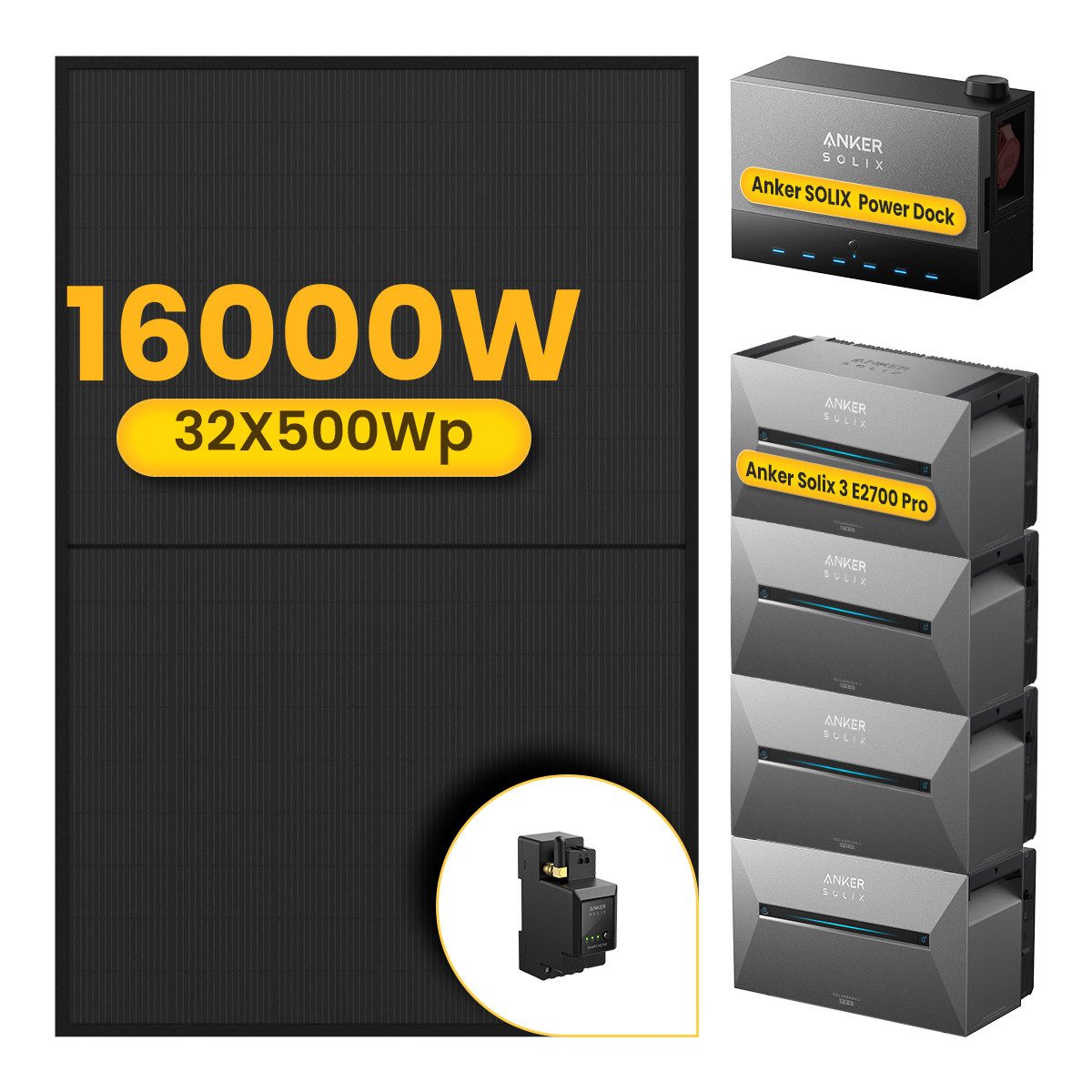 Anker Balkonkraftwerk 16000W Anker SOLIX Solarbank Power Dock mit Solarbank 3 Pro Speicher, (Power Dock und 32x 500Wp Solarmodule im Lieferumfang enthalten), Speicher mit integriertem Wechselrichter, All-in-One 2,68kWh Akku