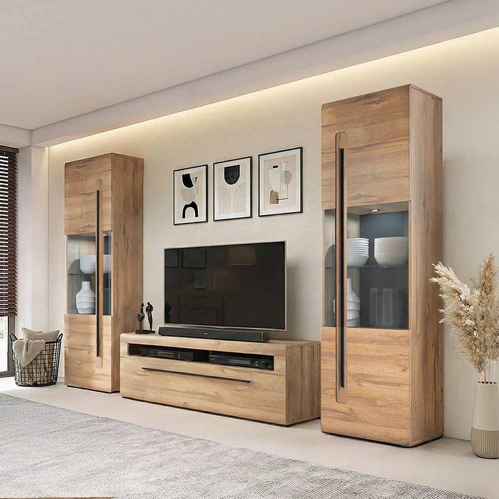 Lomadox Wohnwand TURDA-83, (3-St., Couchtisch Highboard Lowboard Sideboard Vitrine Wandregal), Eiche Dekor braun Metallgriffe in schwarz modern inkl. LED Beleuchtung