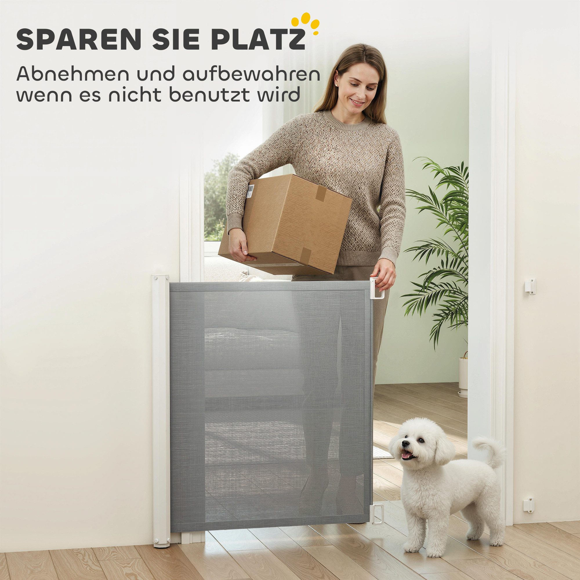 PawHut Hundegitter Türschutzgitter Rollo Einrollbar (ausziehbare Treppenschutzrollo, 1 St., Sicherheitstrennwand), Grau 5,5–115 x 5,5 x 82,5 cm – Bild 5 von 5