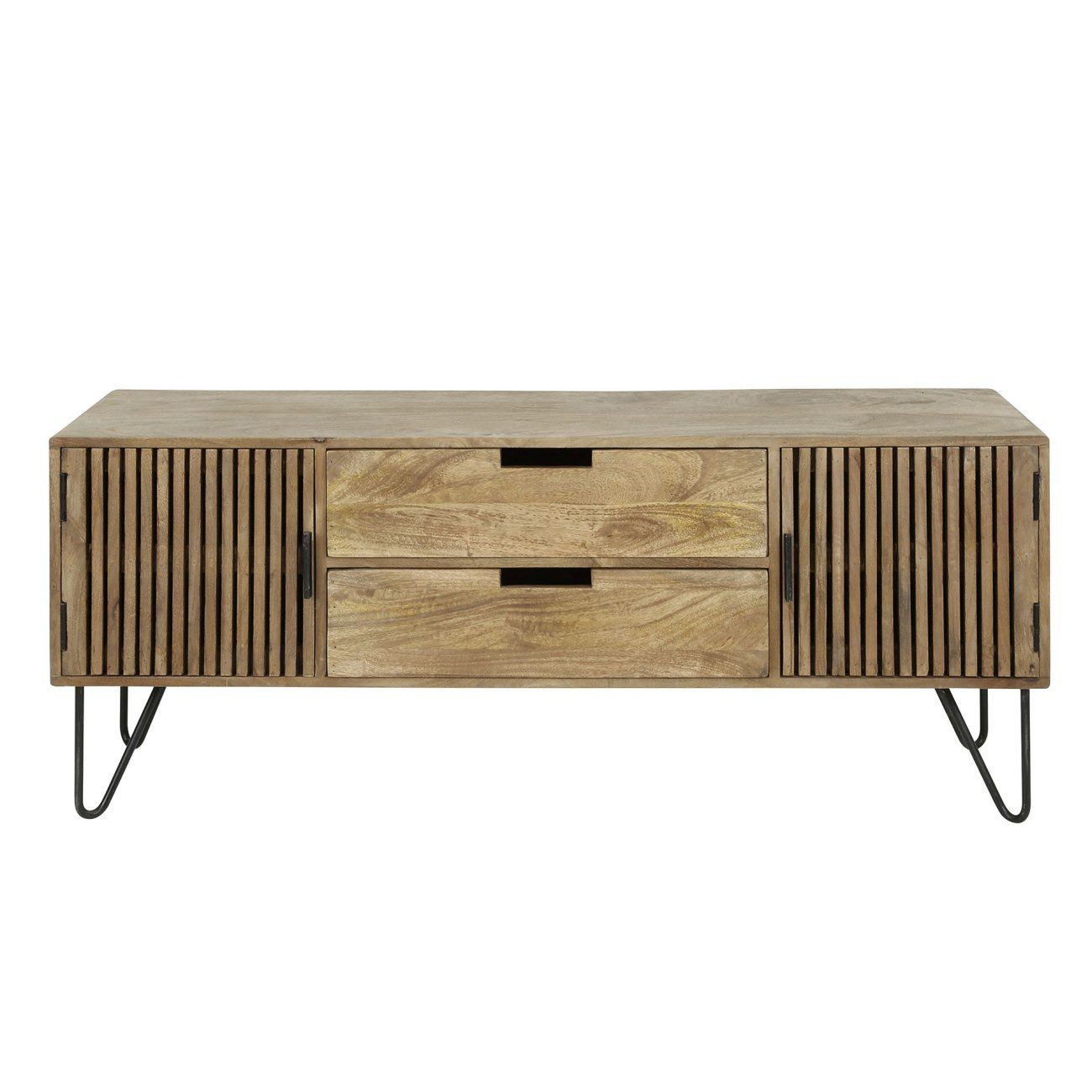 Feeling4Home TV-Board Tamil - Mangoholz massiv Braun, 2 Schubladen, 2 Türen, 135 cm, Reichlich Stauraum, Lamellen Design