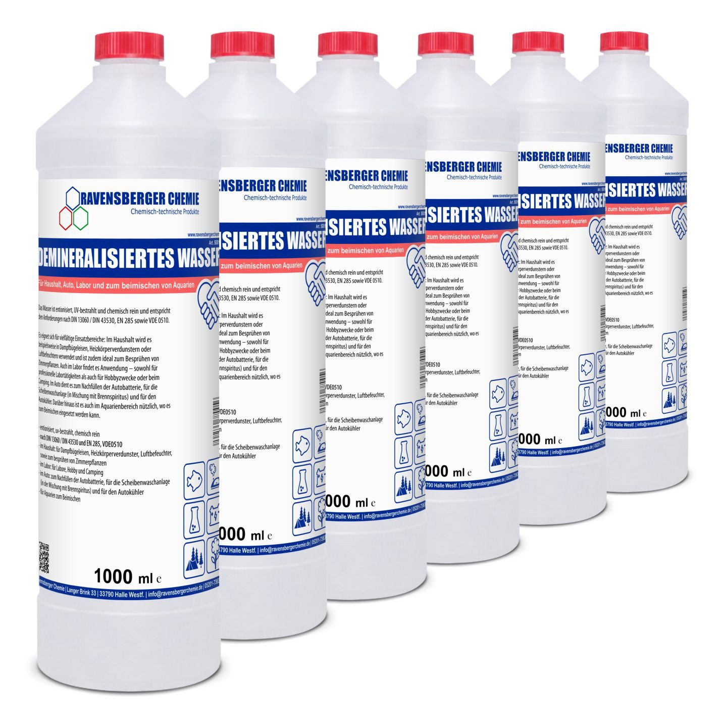 Ravensberger Chemie Bügelwasser VE-Wasser Demineralisiertes Wasser - 1 L, 6x 1 Liter Flasche von Ravensberger Chemie - demineralisiert & entionisiert, kalkfrei für Auto, Batterie, Haushalt, Dampfbügeleisen und Labor