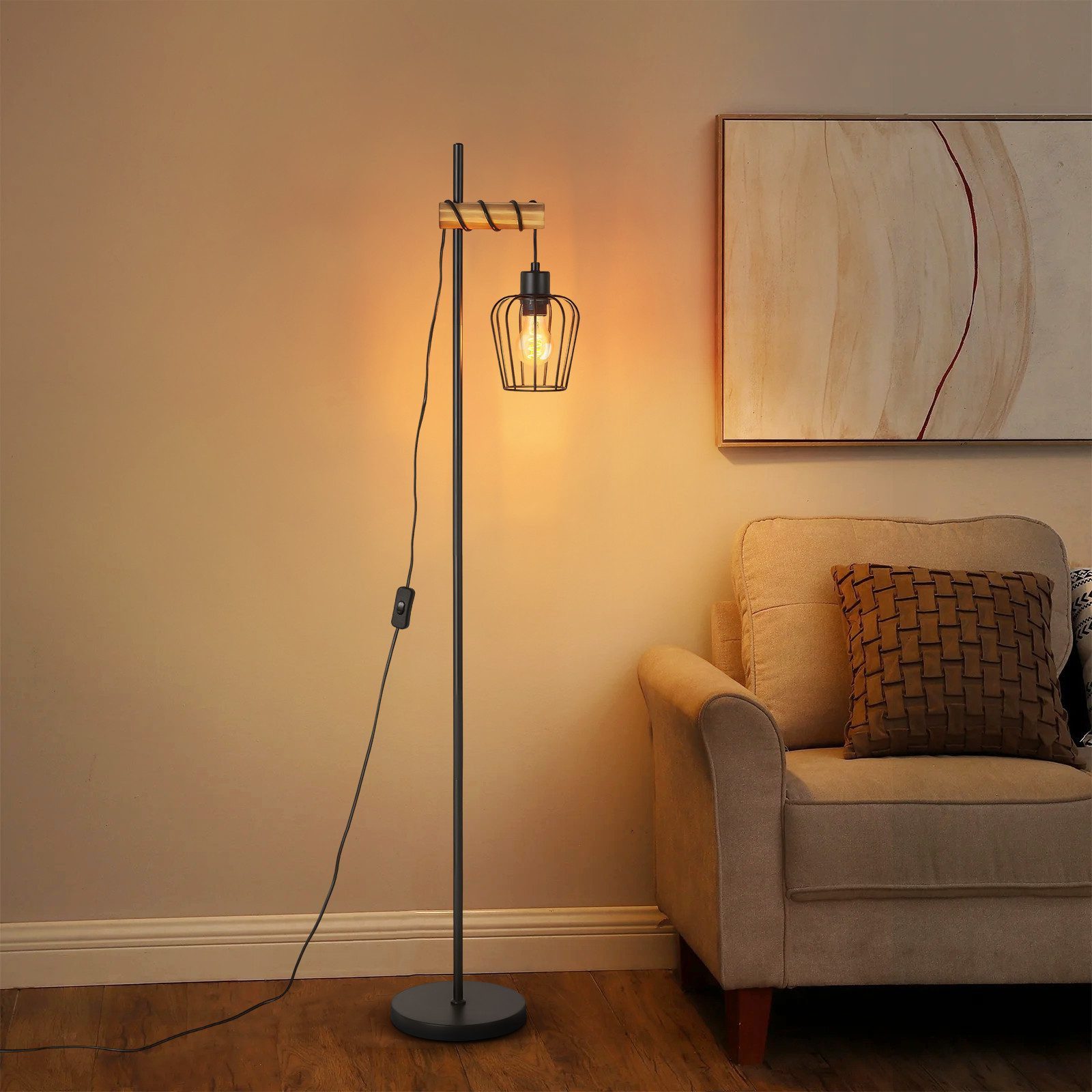 Nettlife Stehlampe Stehleuchte 2 Flammig schwarz Vintage aus Holz 151cm, mit Kippschalter, LED wechselbar, für Wohnzimmer schlafzimmer Esszimmer Büro