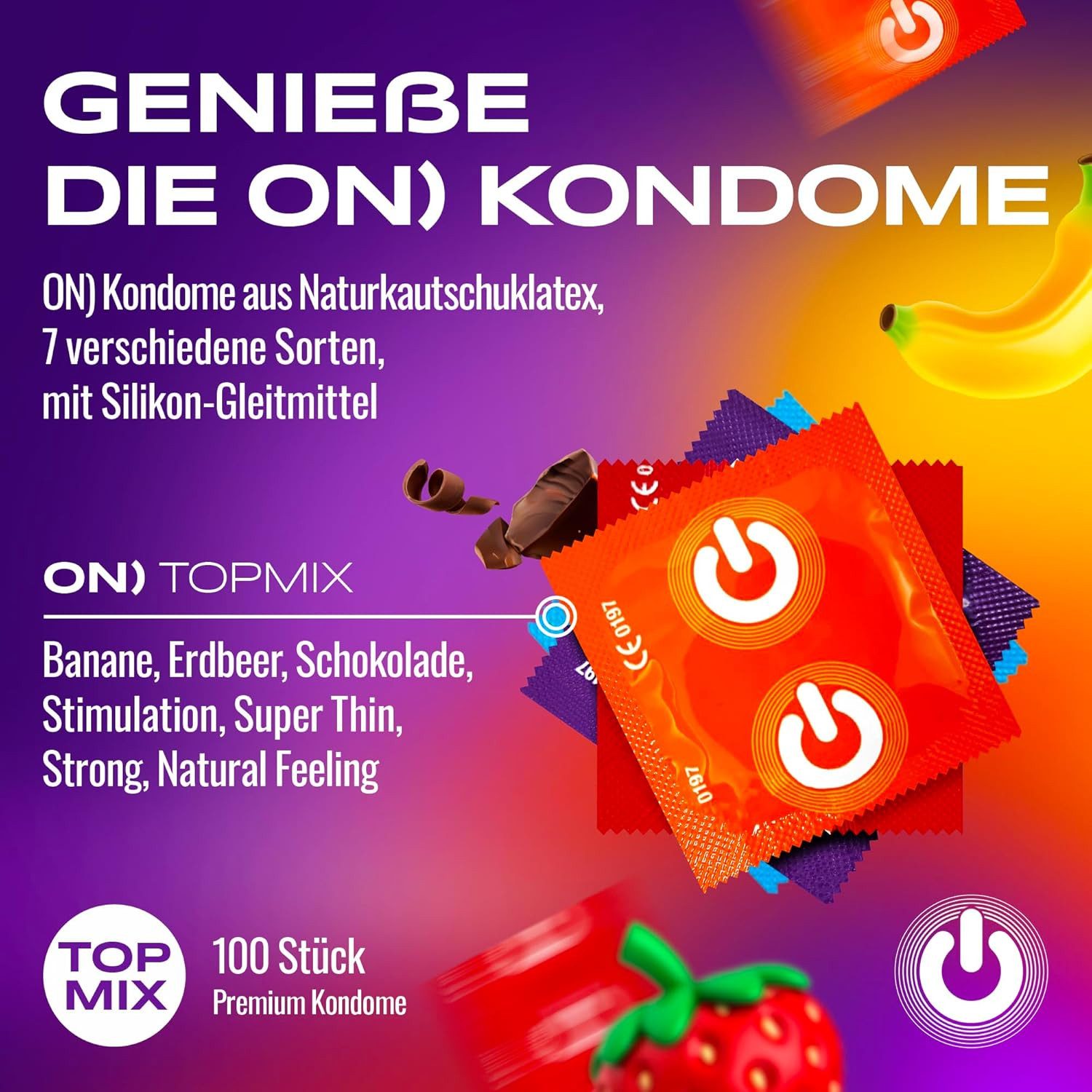 ON Condoms Kondome verschiedene Sorten Premium Preservative, Natur, extra dünn, gerippt, stimulierend, aromatisiert