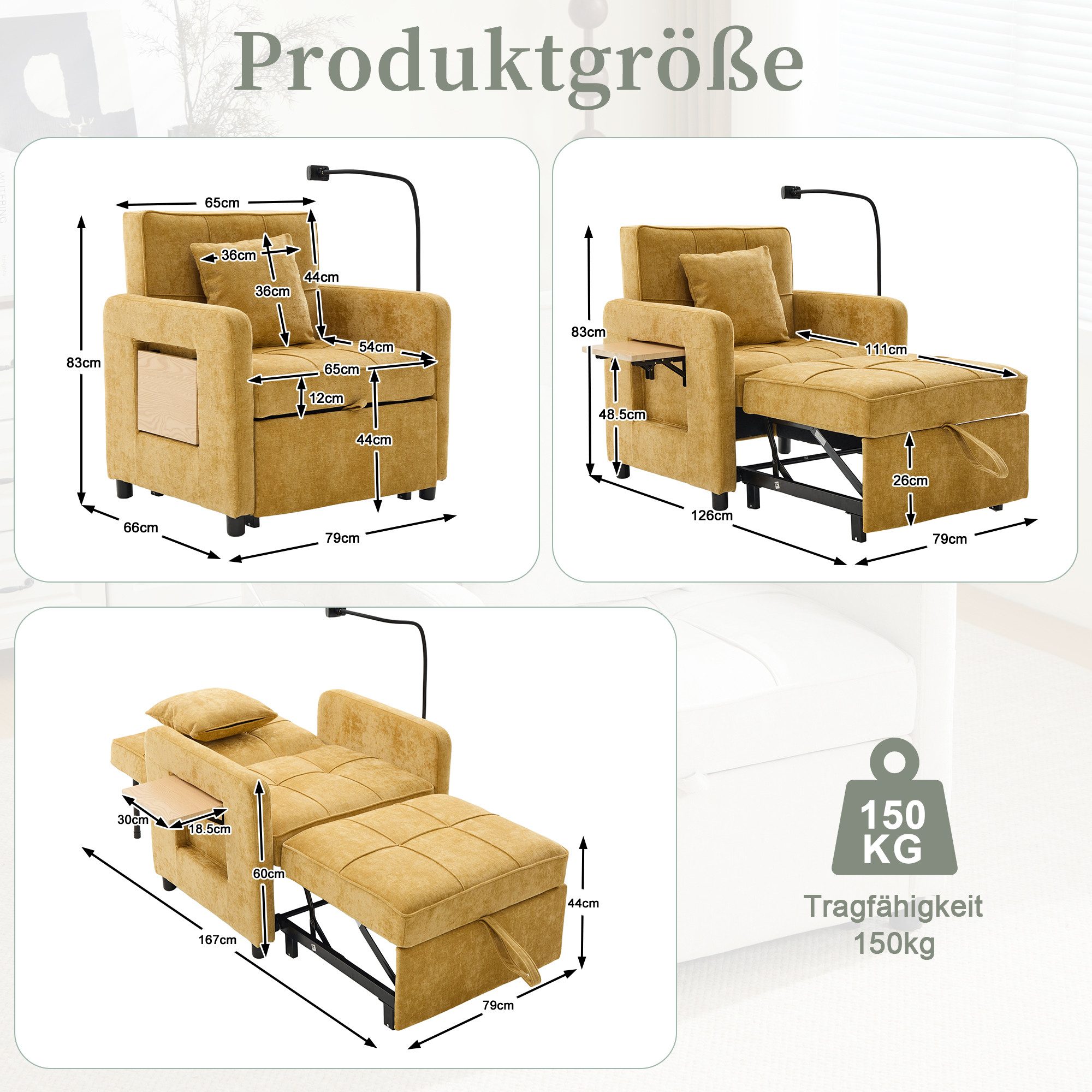 Celya Sessel Schlafsessel, Einzelschlafsofa mit Kissen und Seitentaschen (mit Tischchen und Aufbewahrungstasche), Geeignet für Wohnzimmer, Gästezimmer oder Homeoffice