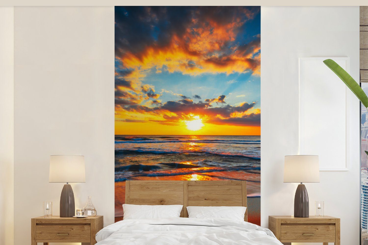 MuchoWow Fototapete Meer - Wohnzimmer - bedruckt, Wolken Vliestapete für Sonnenuntergang Schlafzimmer - Strand Küche, St), - Orange, (2 Matt, Fototapete