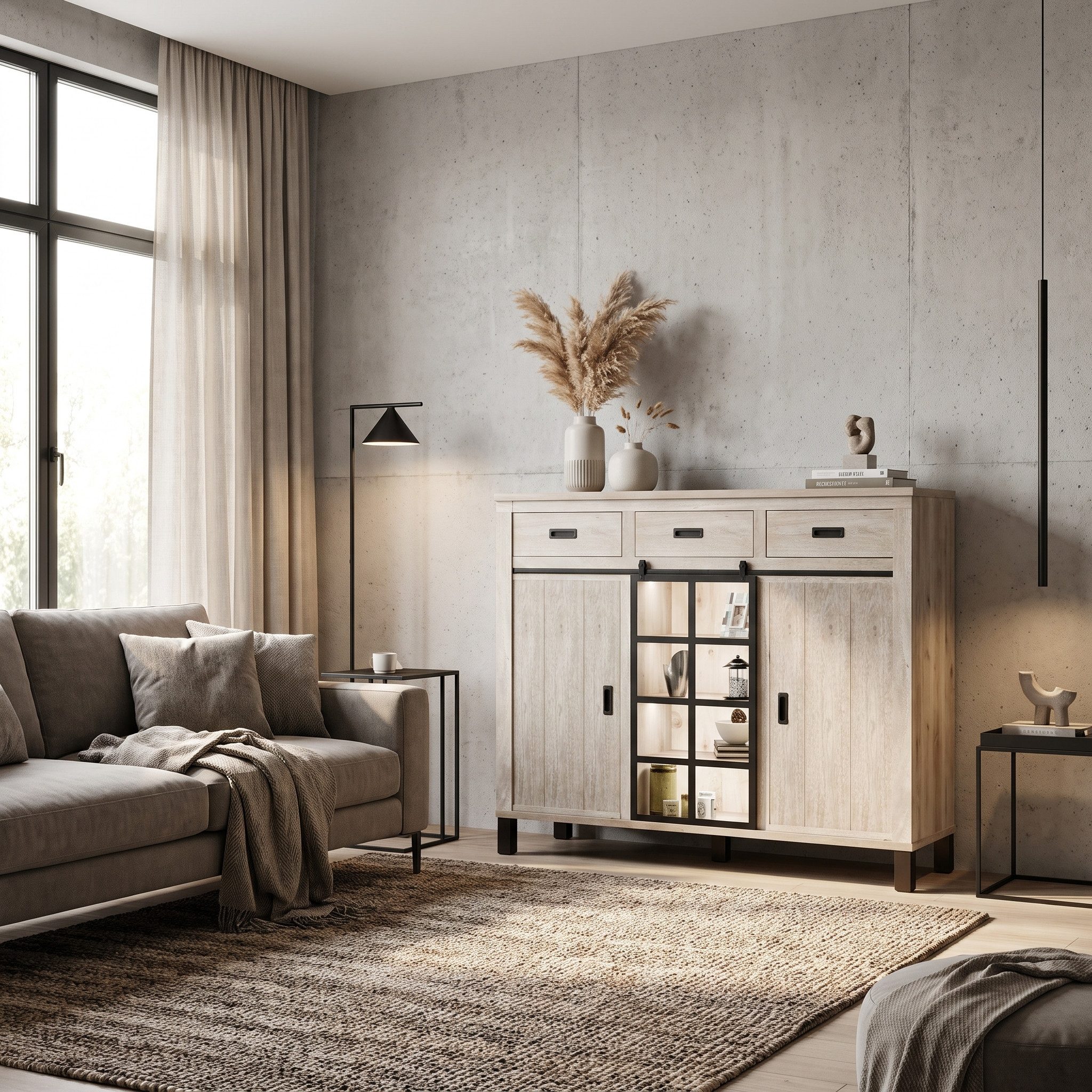 WOLF MÖBEL Sideboard (145 x 42 x 135), KALI Highboard 2 Türen, 1 Schiebetür, 3 Schubl. & Licht