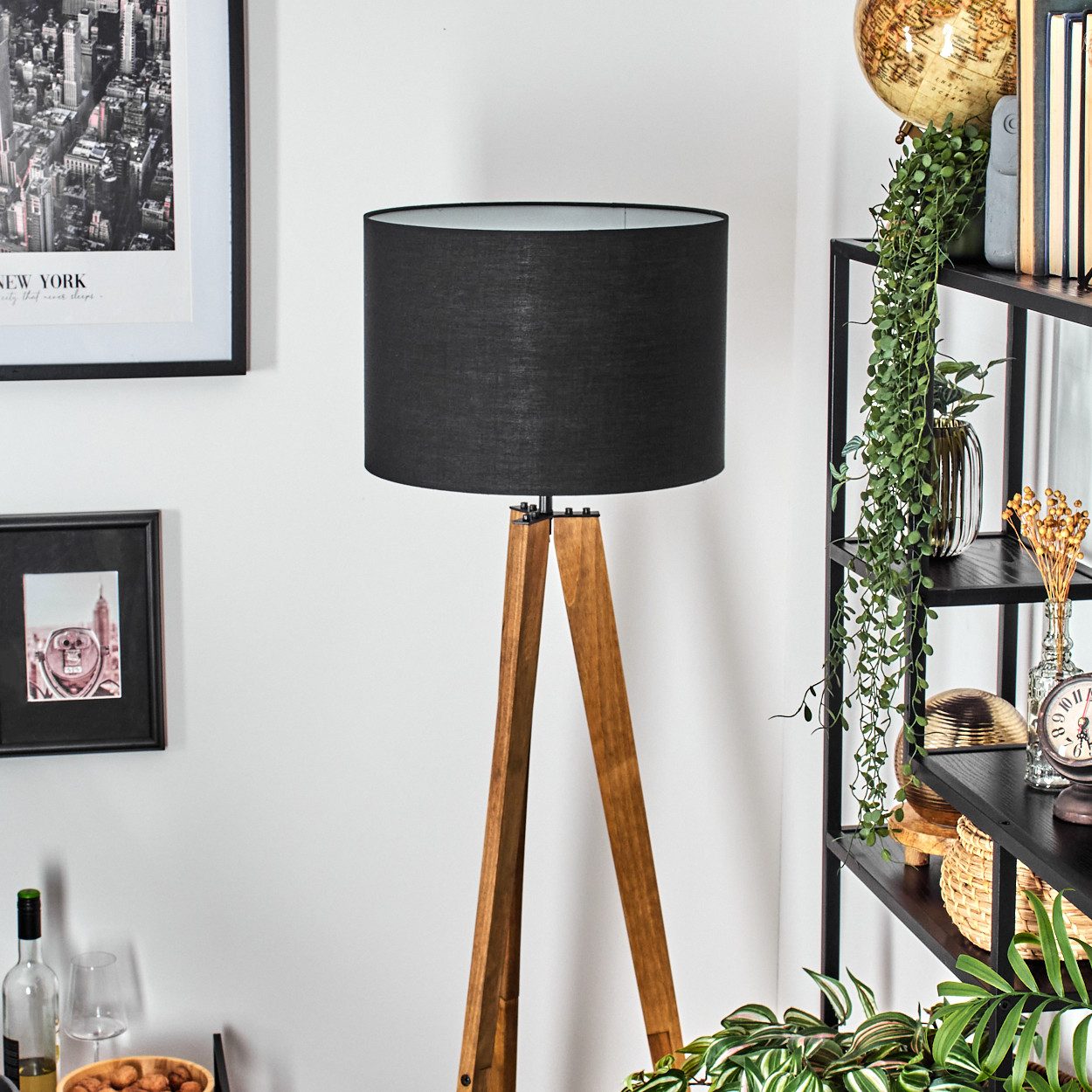 hofstein Stehlampe Stehlampe aus Holz/Metall/Stoff in Natur/Schwarz/Weiß, ohne Leuchtmittel, Leuchte Stoffschirm (40 cm), Höhe 161 cm, 1 x E27, ohne Leuchtmittel