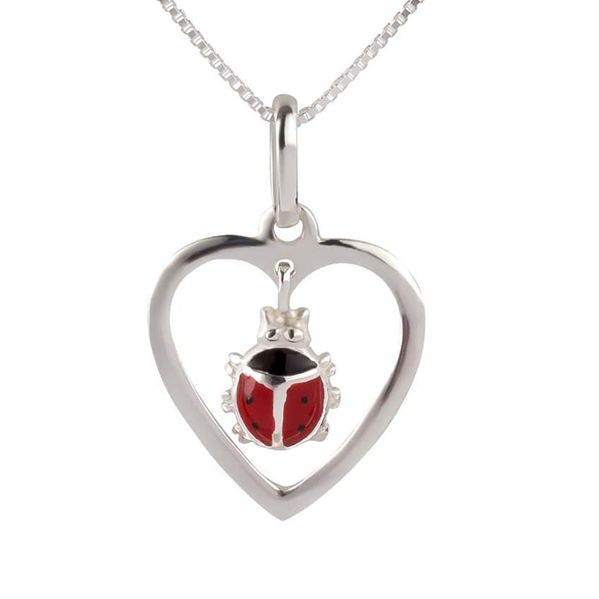 schmuck23 Kettenanhänger Anhänger Kette Marienkäfer Herz 925 Silber Kinder Mädchen (Halskette mit Anhänger), Silberanhänger Kettenanhänger Kinderschmuck Halskette