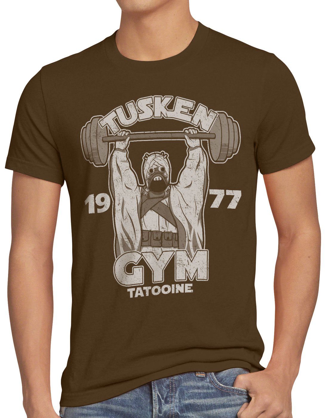 style3 Print-Shirt Herren T-Shirt Tatooine Gym räuber droide crossfit studio braun