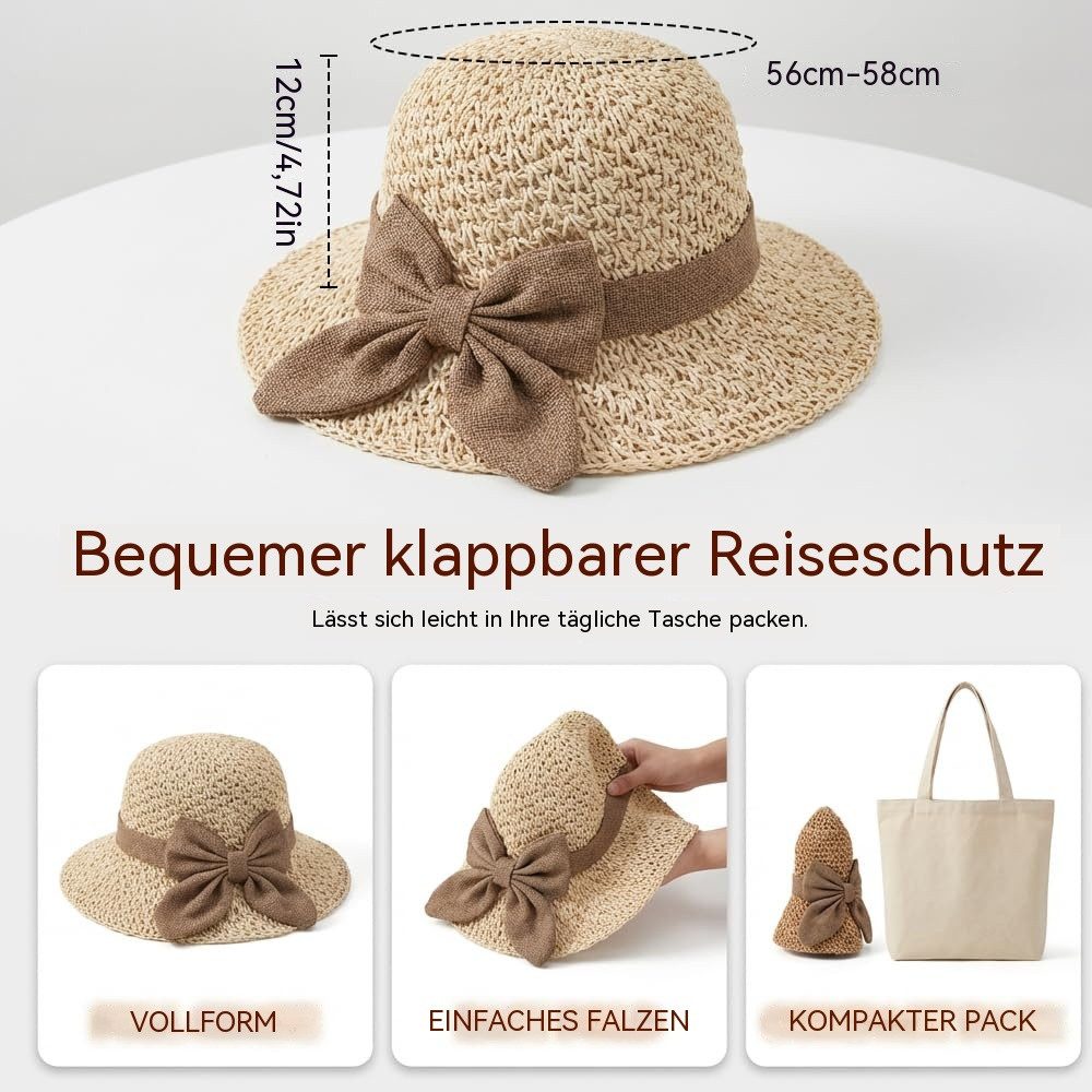 nsihing Strohhut Sonnenhut Sommerhut Strandhut Straw hat, Damen faltbar, Einheitgröße Mit Bogen,Damen-Strandhut, Reisehut für den Sommerurlaub – Bild 5 von 5