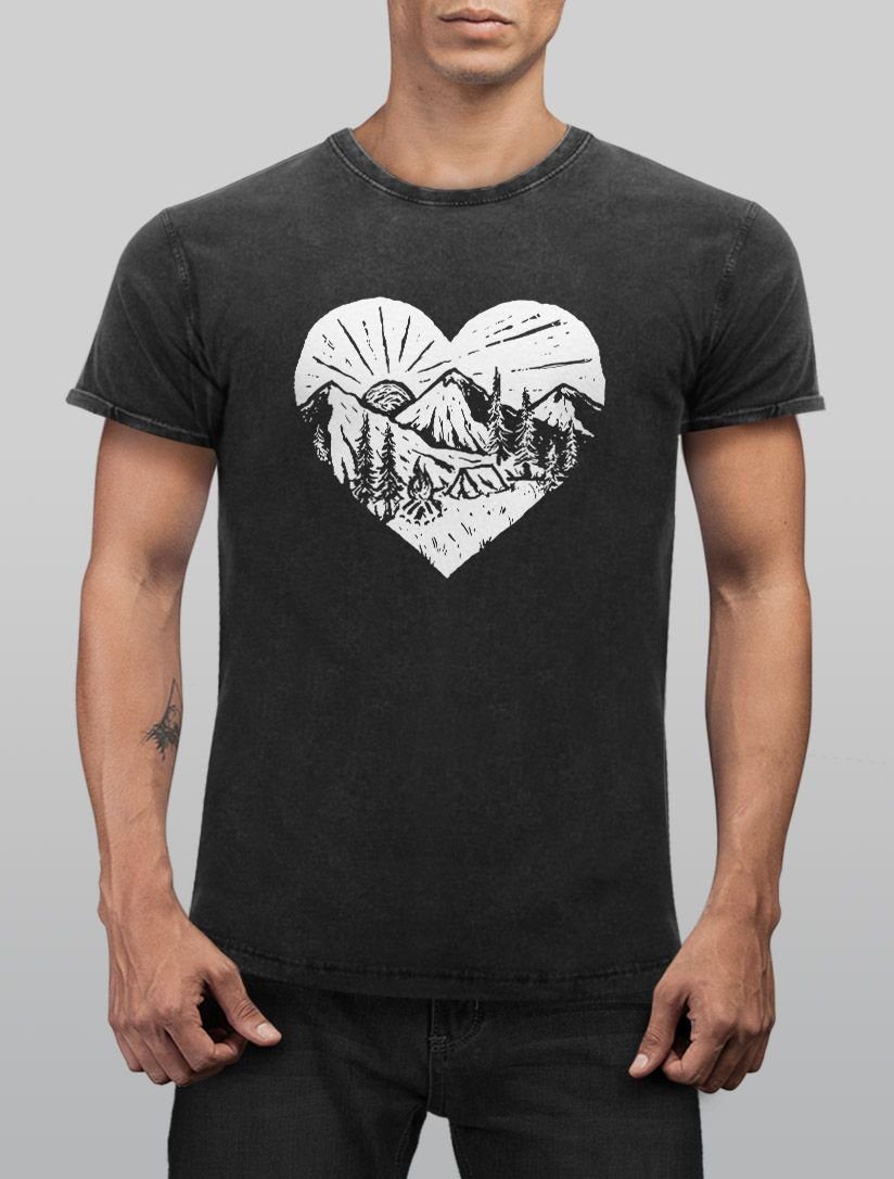 Berge T-Shirt Neverless Aufdruck Used Camping Naturfreund Print-Shirt Printshirt Look Wandern Vintage Print Herren mit Neverless® Shirt Adventure