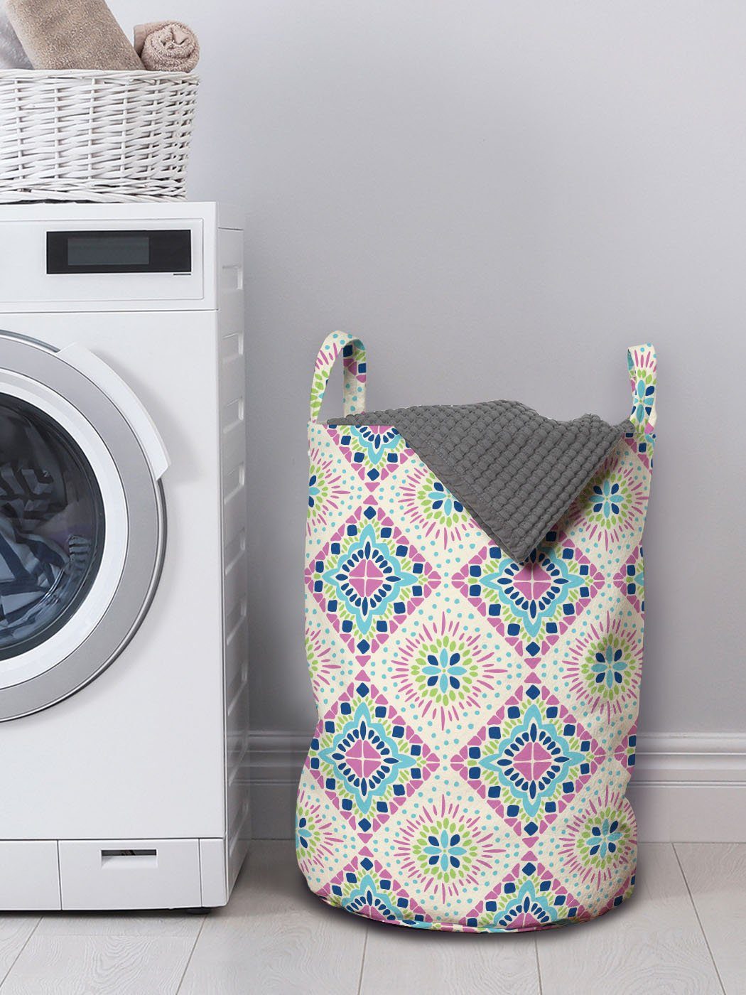 Abstrakt inspirierte Wäschekorb Wäschesäckchen für mit Abakuhaus Boho Ikat Art Waschsalons, Kordelzugverschluss Griffen