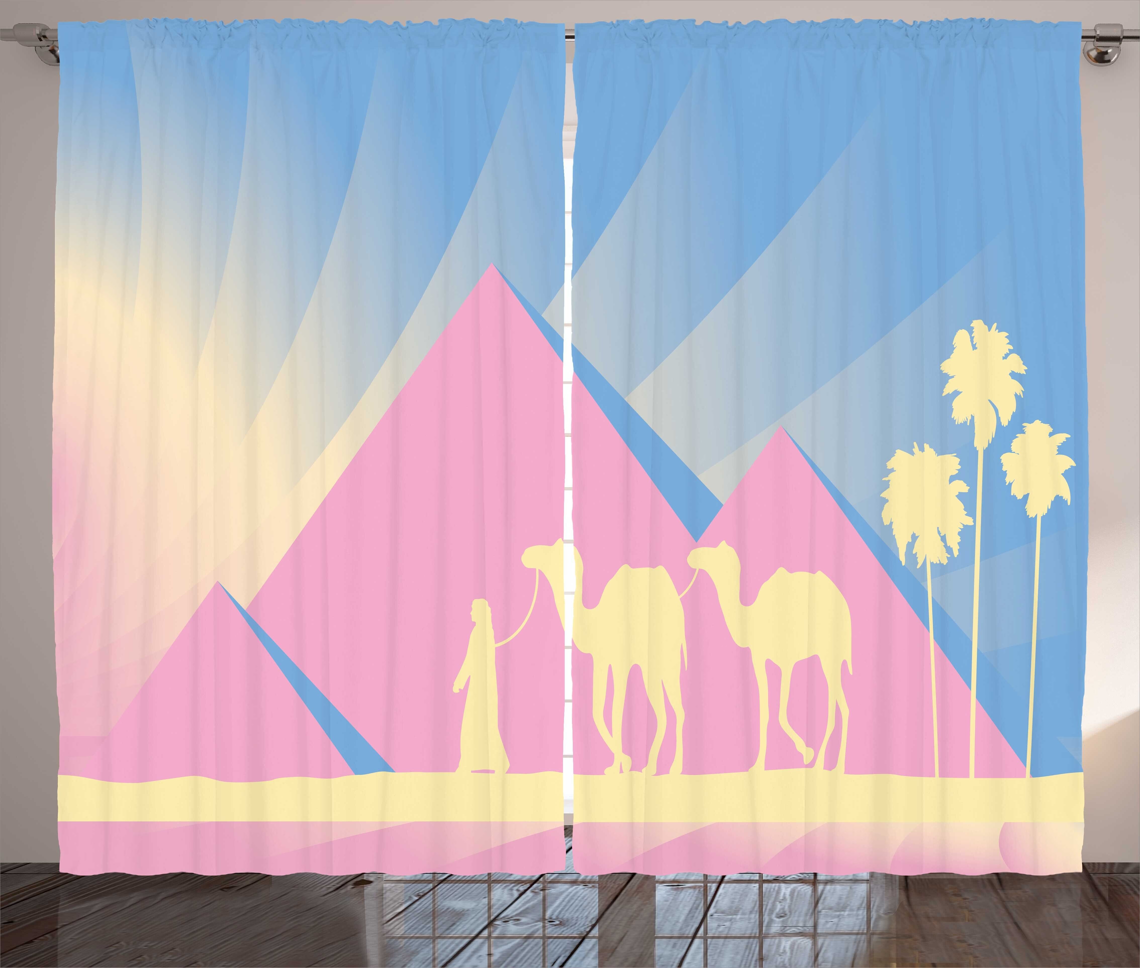 Gardine Schlafzimmer Kräuselband Vorhang mit Schlaufen und Haken, Abakuhaus, Pyramide Kamel-Wohnwagen Pastelltöne | Fertiggardinen