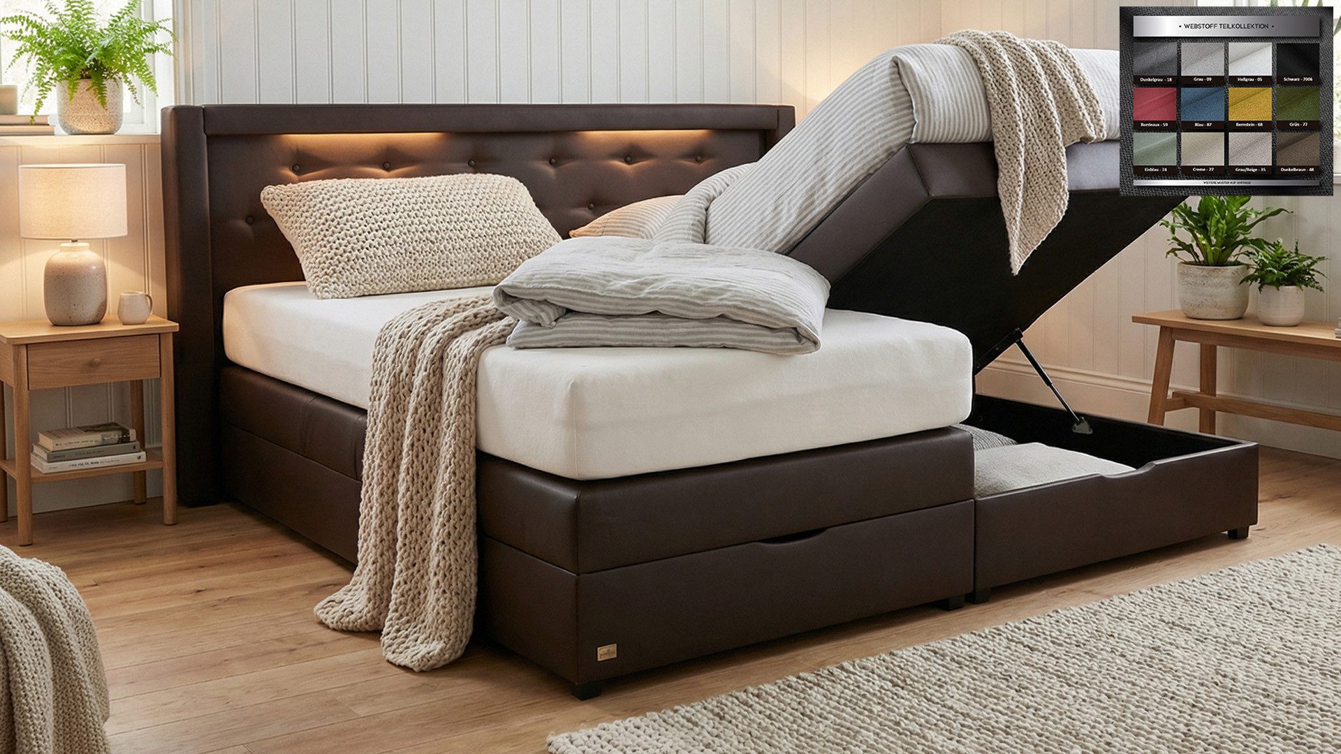 PAARA Boxspringbett Paris Bettkasten Kopfteil verstellbar LED Licht, inkl. Matratze und Topper, mit einzigartigem Belüftungssystem