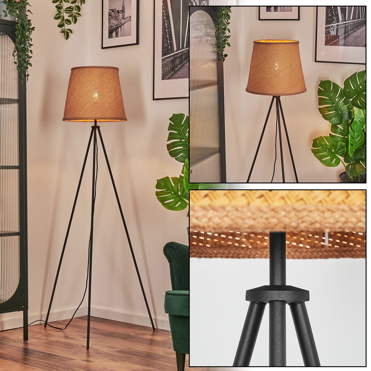 hofstein Stehlampe Stehlampe aus Metall/Seil/Tau/Bast in Schwarz/Naturfarben, Stehleuchte im Boho/Skandinavischen Design, Fußschalter, 156 cm, E27