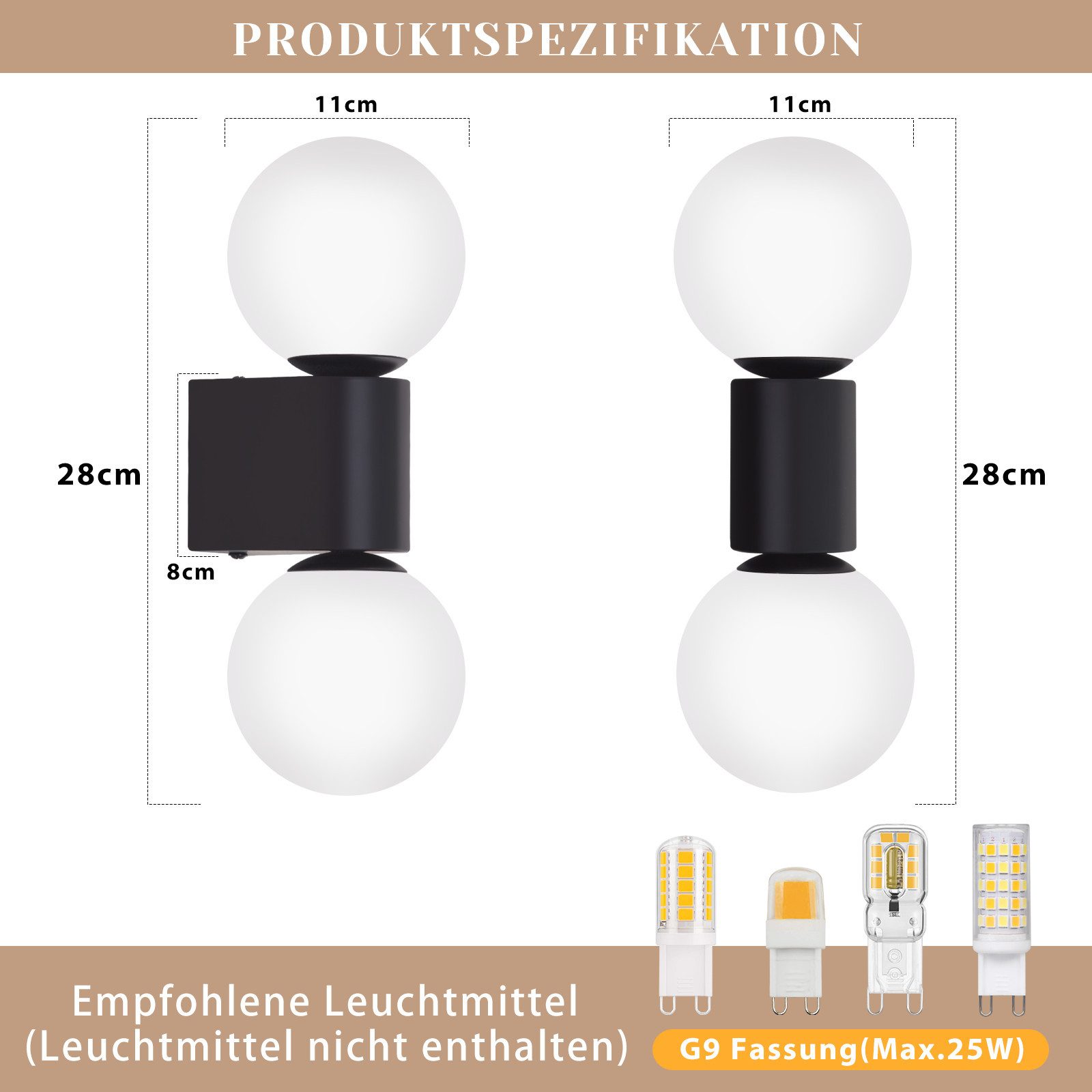 ZMH Wandleuchte Innen Flurlampe Schwarz-Weiß G9 Wandbeleuchtung Glaskugel W günstig online kaufen