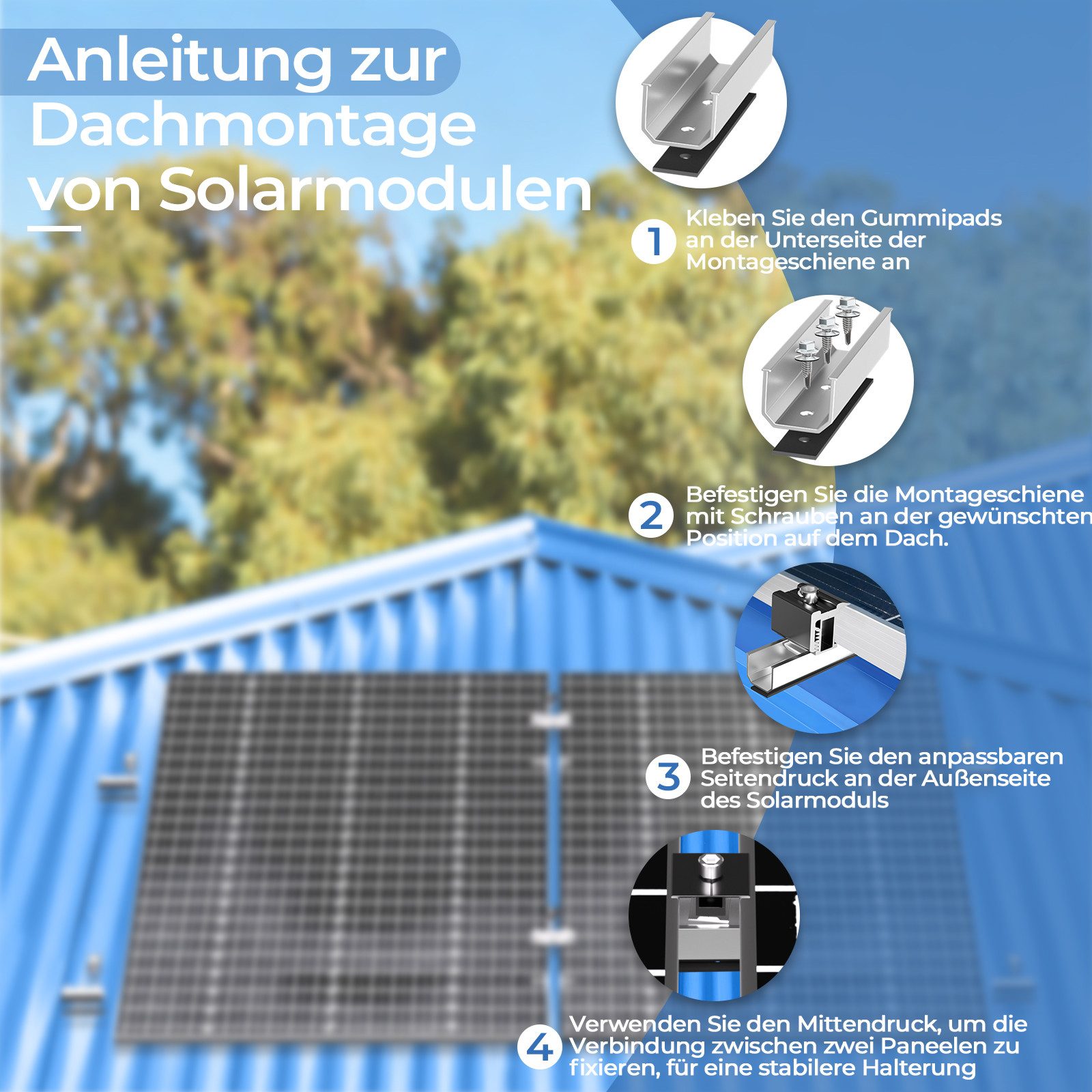 GLIESE Balkonkraftwerk Solarpanel Halterung Befestigungsschiene Trapezblech Flachdach Montage, (Set, Führungsschienen, Gummi-Abstandshalter, Druckklemmen), Korr – Bild 5 von 5